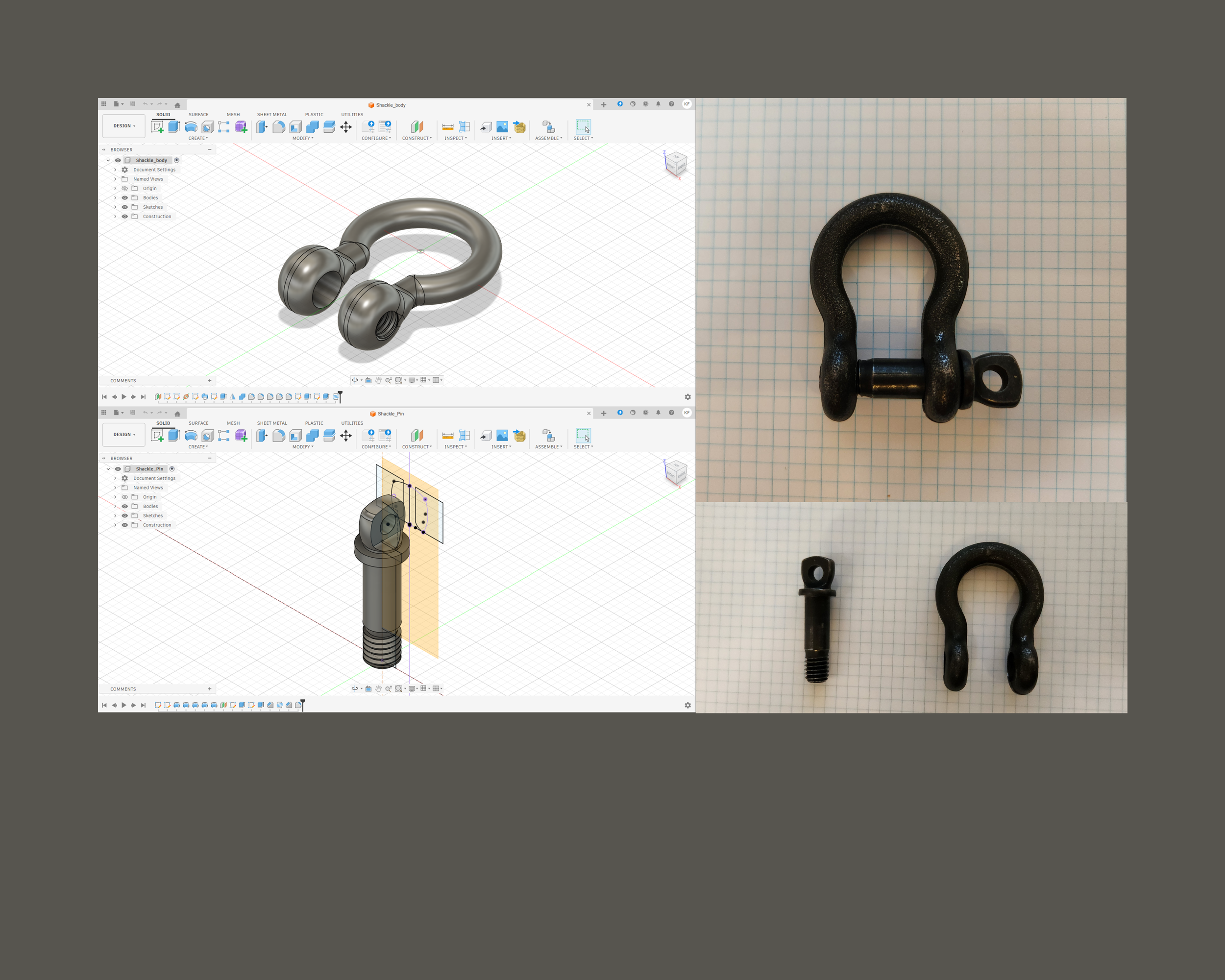 Autodesk Fusion CAD model of rigging shackle and pin with photos of the real shackle next to it