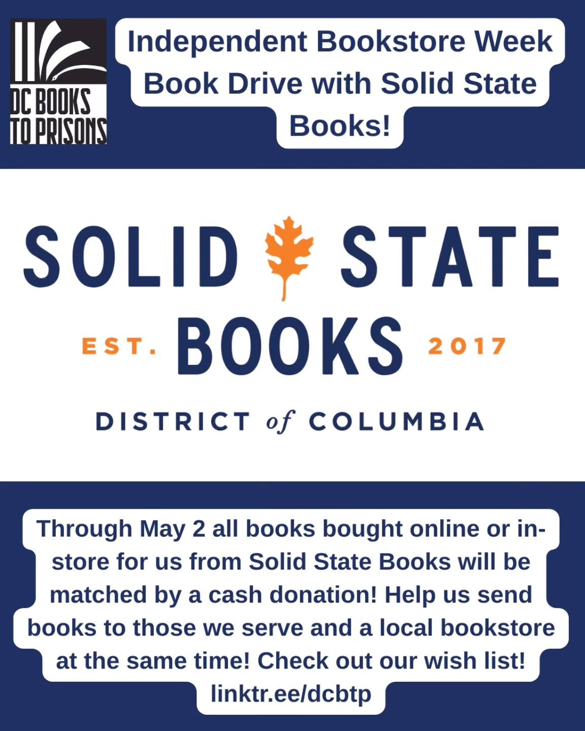 Independent Bookstore Week keeps moving on! Solid State Books, at 600F H St NE and 14th &amp; S Street 
NW in Washington DC, is a full�service, Black-owned general interest bookstore and a great supporter of DC BtP. We need new condition books more 