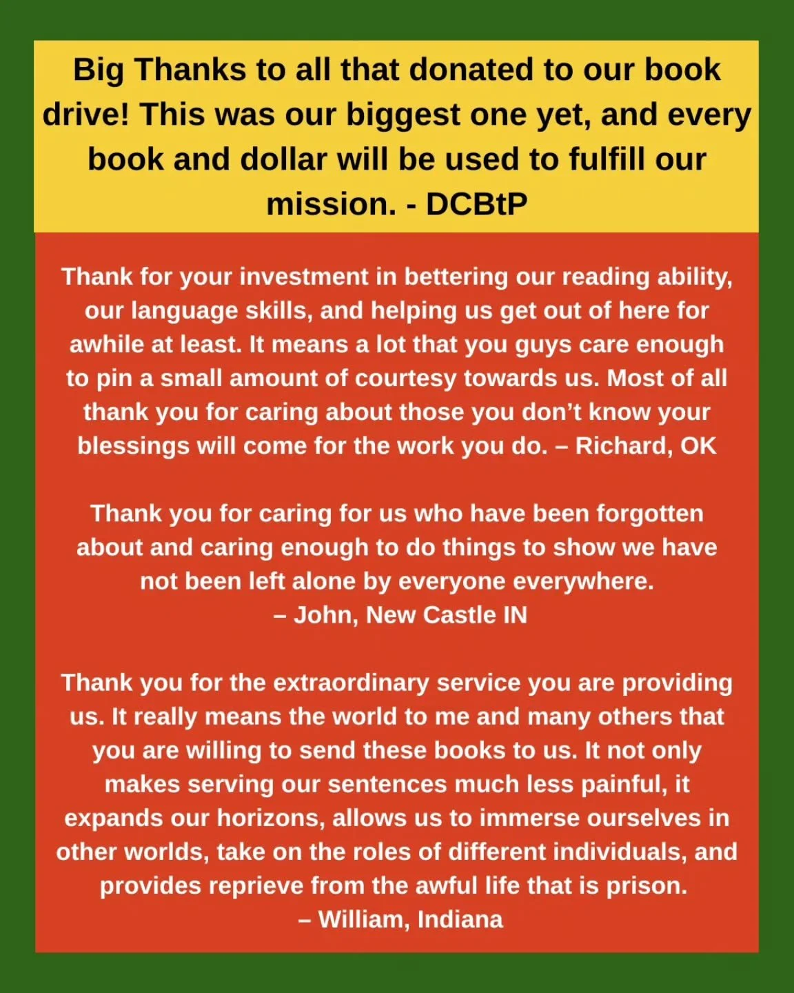 Big Thanks to everyone who donated books to DC BtP over the last week! This was our most successful book drive ever and that could not have been done without all of you. We also want to thank our partner indie bookstores for their support! We couldn&