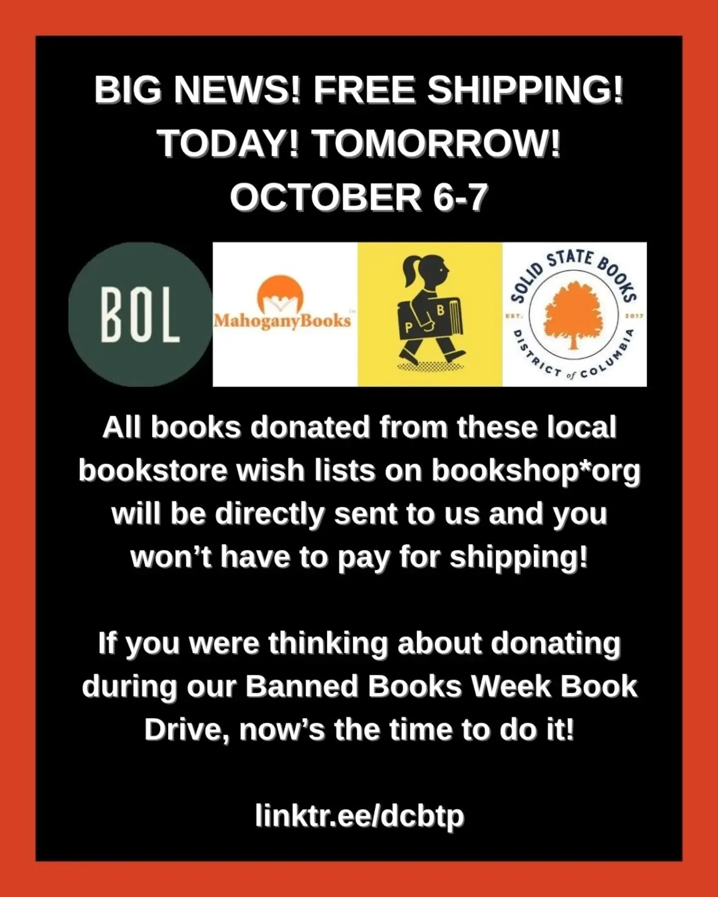 Today and tomorrow, October 6 and 7, all books purchased from our partner local independent bookstores on bookshop*org (BOL Co-op, MahoganyBooks, Solid State Books and People&rsquo;s Book) will be delivered straight to us with no shipping charge. The