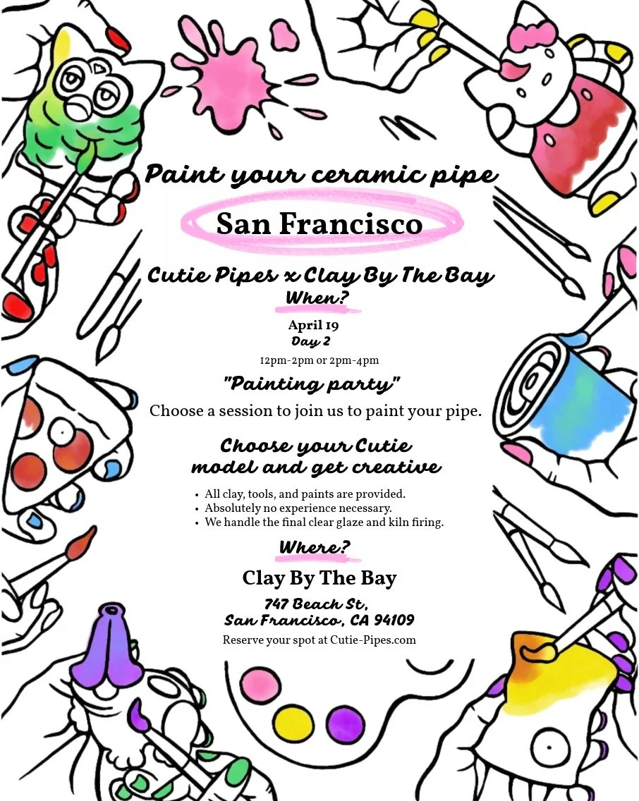 BAY AREA: We&rsquo;re coming to San Francisco! Get your hands dirty with the Cutie Pipes team! 🤝🖌️🎨

We are so excited to bring our workshops to @claybythebaysf Come create with us!

Whether you want to build your dream pipe from scratch or paint 