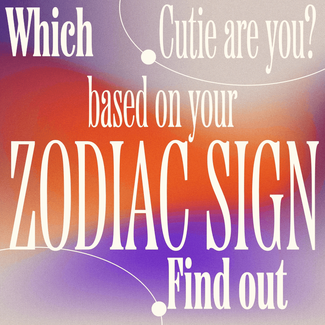 Colorful background with large text reading "Which zodiac sign are you?" and additional text "based on your" ZODIAC SIGN and "Find out."