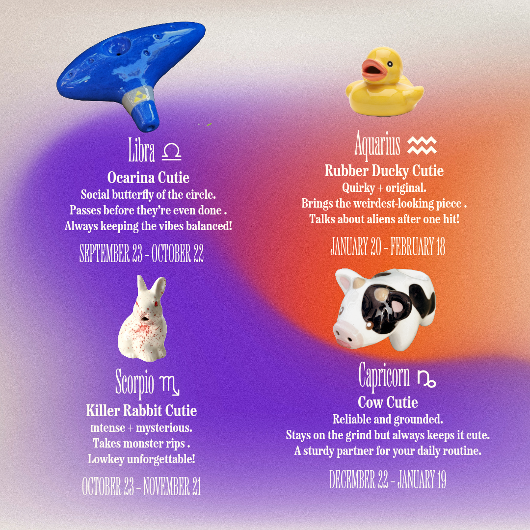 Illustration of four rubber animal figurines representing zodiac signs: a blue fish for Libra, a yellow duck for Aquarius, a white rabbit for Scorpio, and a black and white cow for Capricorn, with descriptions and date ranges for each sign.