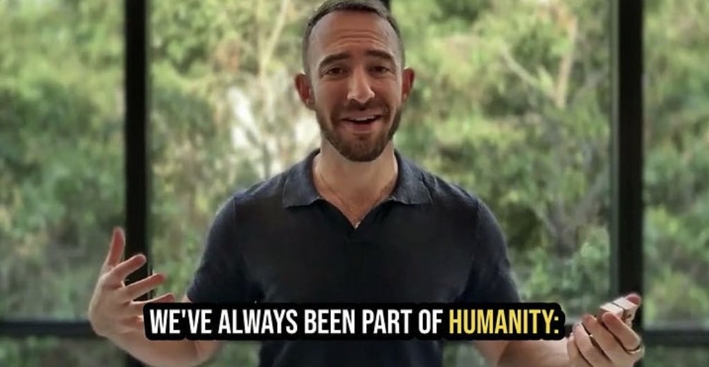 Still image of Matt Kollander speaking, overlayed with subtitle "We've always been a part of humanity"