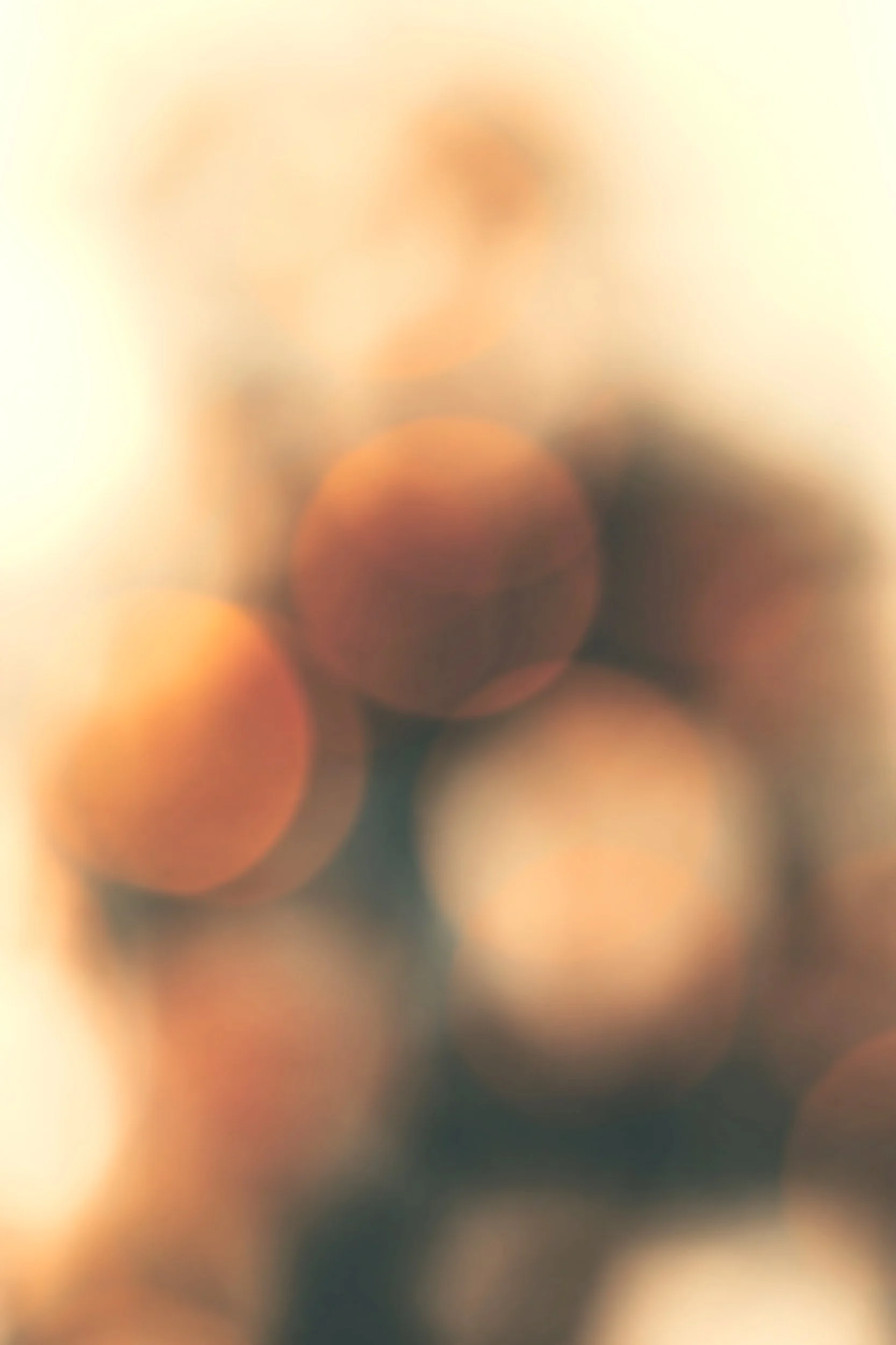 Das Bild ist unscharf und zeigt bunte, runde Lichtpunkte in warmen Farben, hauptsächlich Orange, Rot und Gelb, auf dunklem Hintergrund.