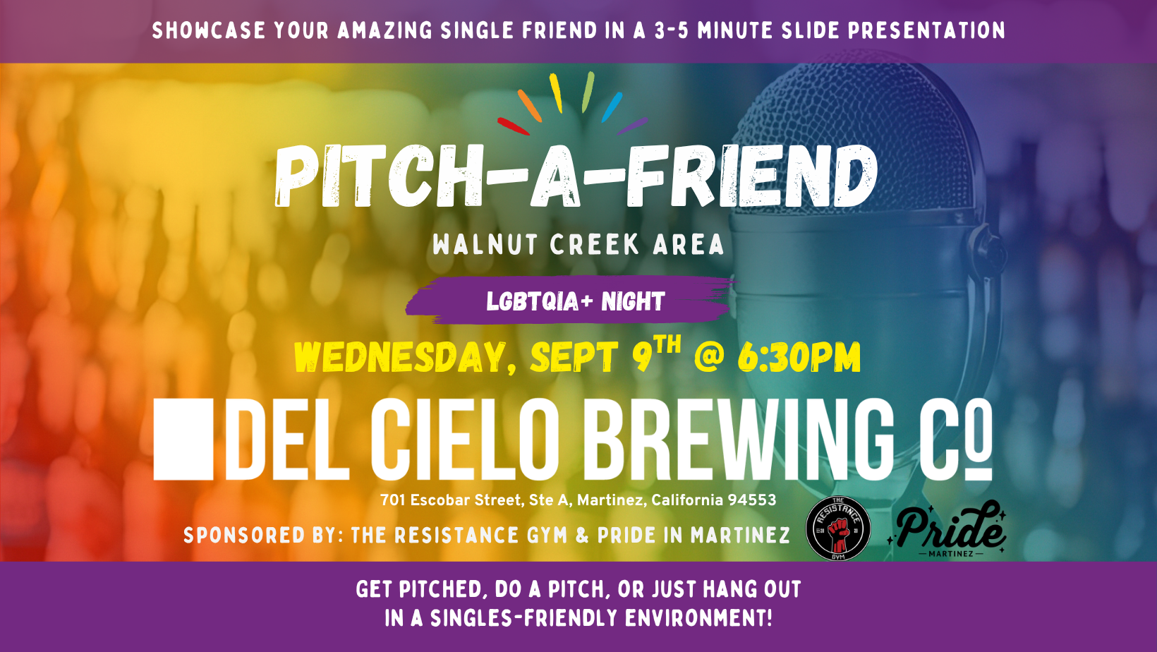 Colorful flyer advertising an LGBTQIA+ night event called Pitch-A-Friend at Walnut Creek Area, Del Cielo Brewing Co. on Wednesday, September 9th at 6:30 PM. The event is sponsored by The Resistance Gym and Pride in Martinez, with the background featuring a microphone and blurred row of beer bottles.