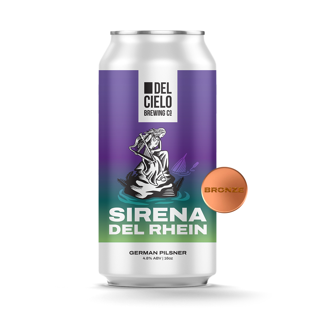 A can of Sirena del Rhein German Pilsner beer with a purple and silver label, featuring an illustration of a woman sitting on a rock with water, the Del Cielo Brewing Co. logo, and a bronze color swatch labeled 'BRONZE'.