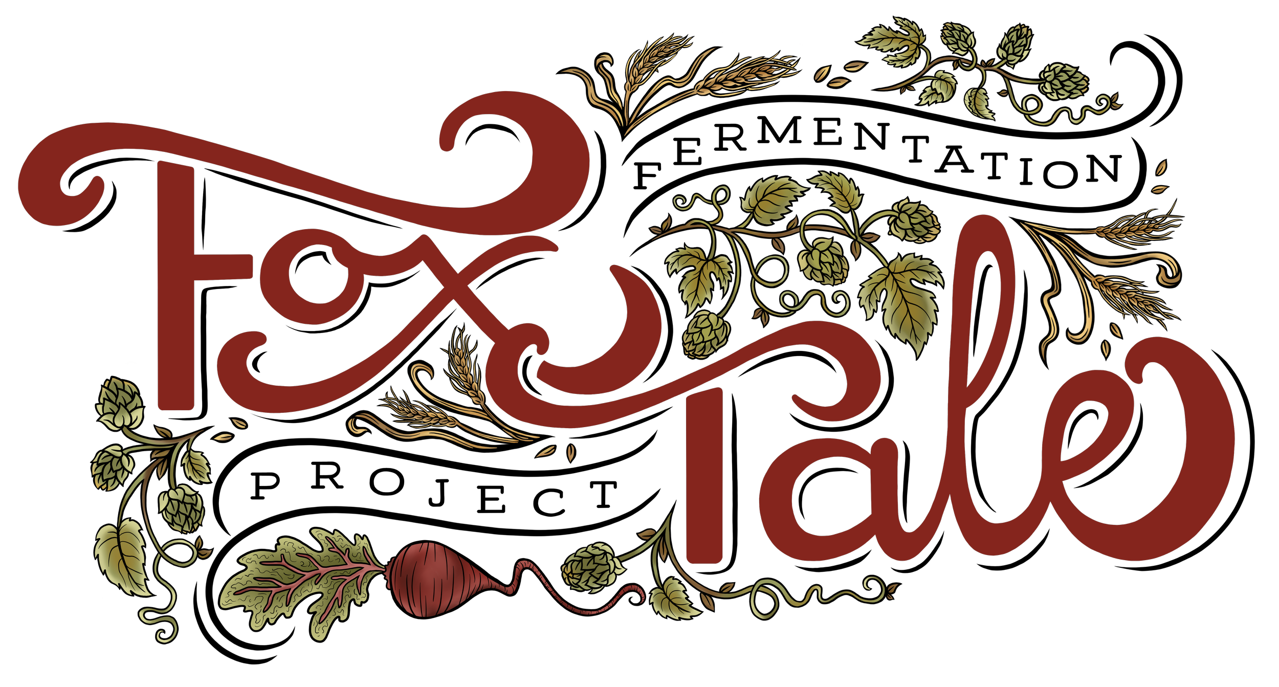 Decorative graphic with the words 'Foxy Lady' in large red cursive text, surrounded by illustrations of hops, wheat, and a red onion, all on a black background.