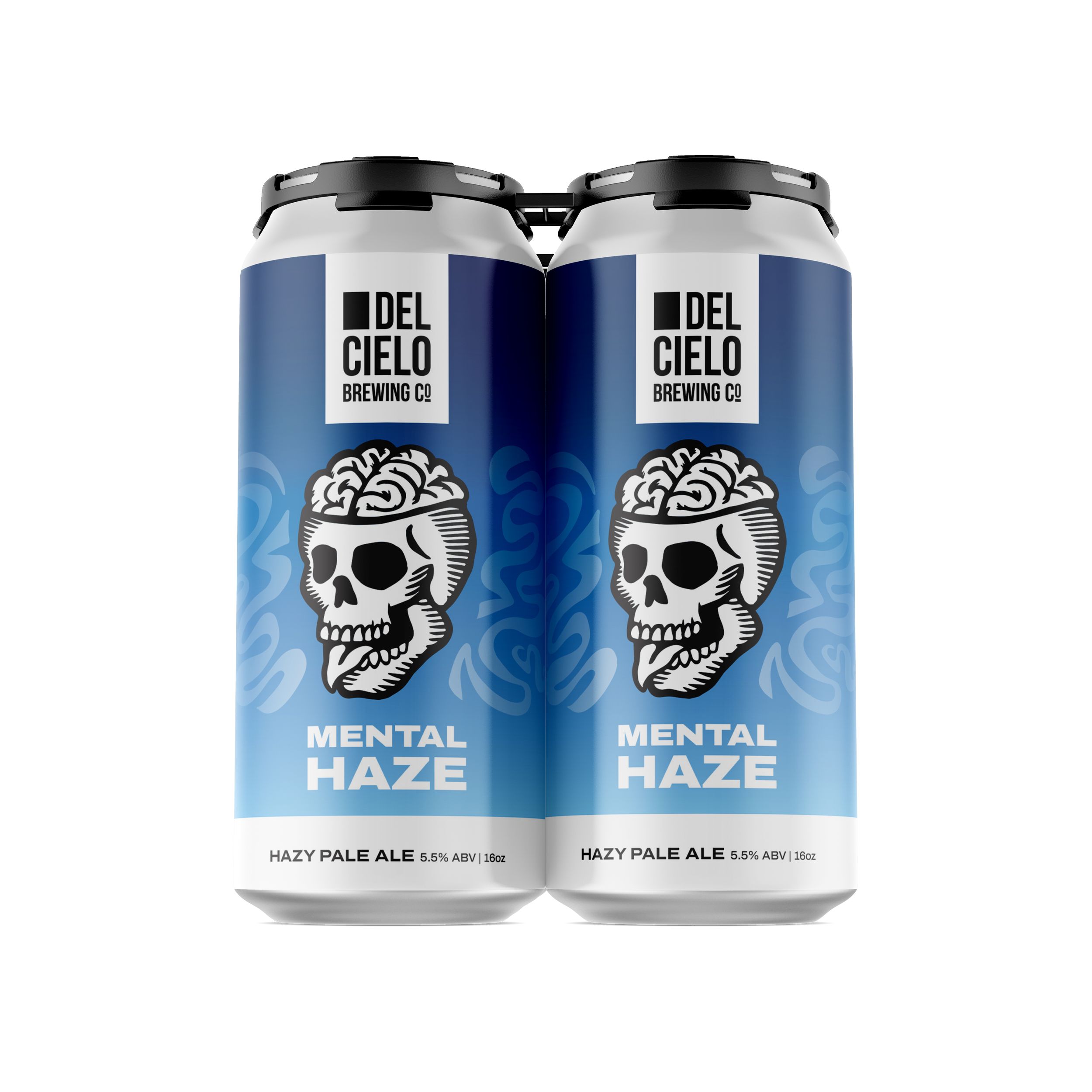 Two cans of Del Cielo Brewing Co.'s Hazy Pale Ale with a skull graphic and blue swirling background, label indicating 5.5% alcohol by volume, 16 ounces.