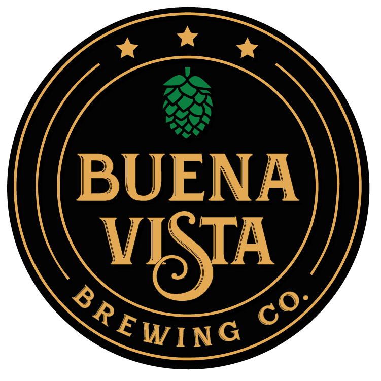 Logo for Buena Vista Brewing Co. featuring a hop cone and stars in a circular design with gold and green accents on a black background.