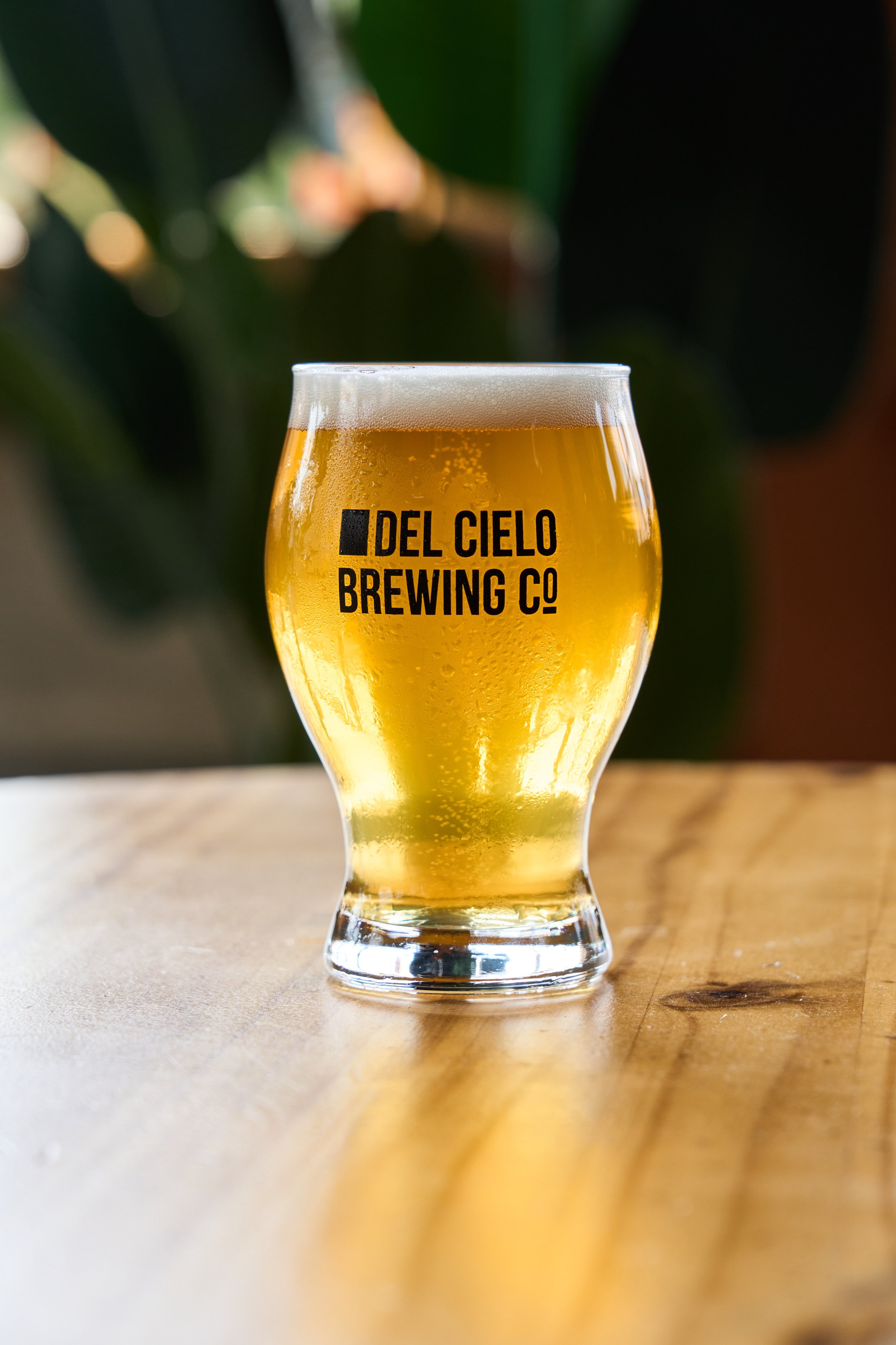 A glass of beer with a label that reads 'Del Cielo Brewing Co,' placed on a wooden surface with a blurred green background.
