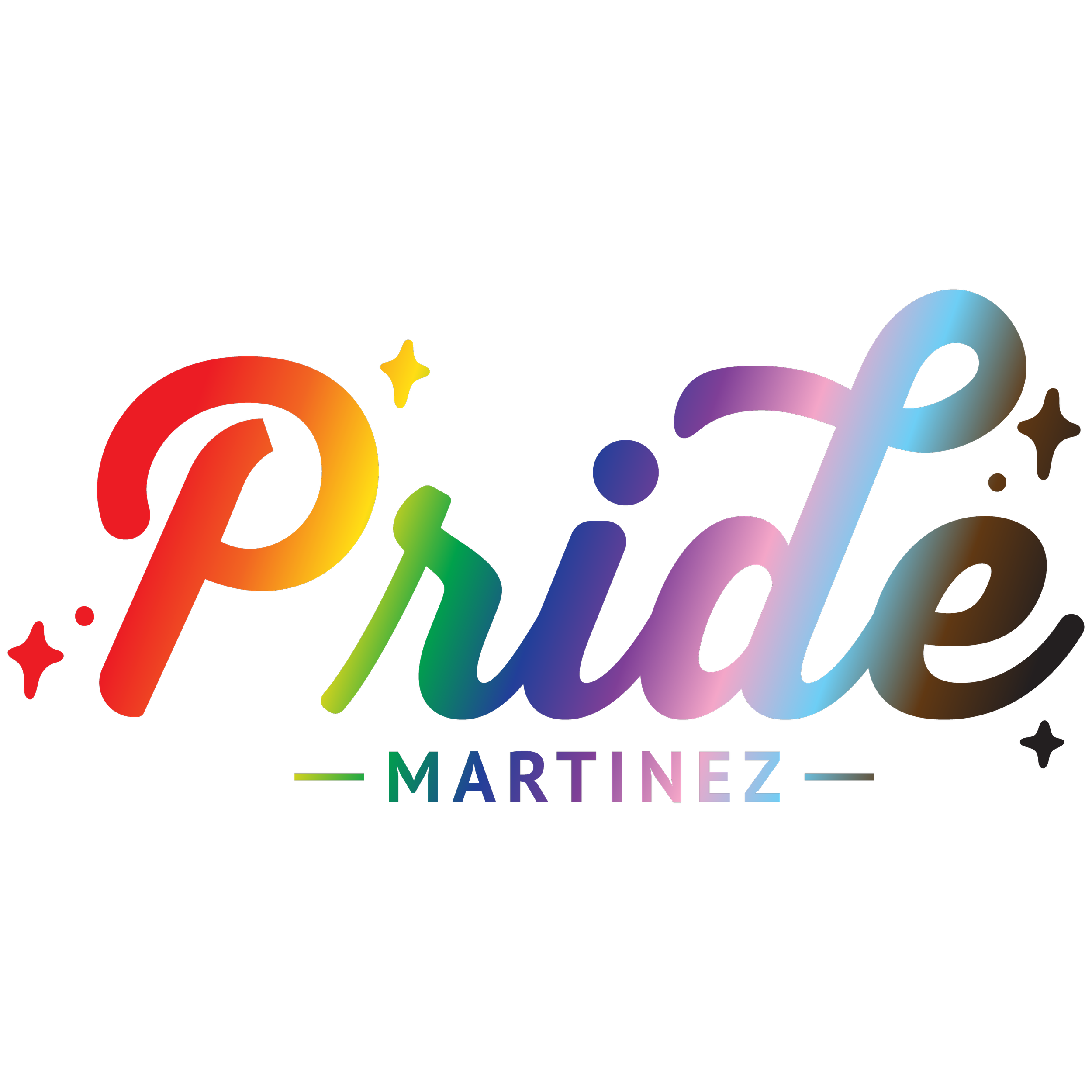 Colorful text reading 'Pride Martinez' with rainbow gradient on a black background.