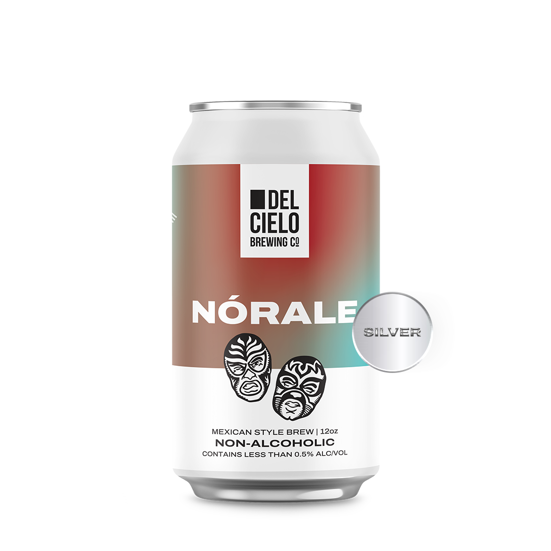 A can of Del Cielo Brewing Co.'s Nórale non-alcoholic Mexican style brew, 12 ounces, with a silver label indicating 'Silver'