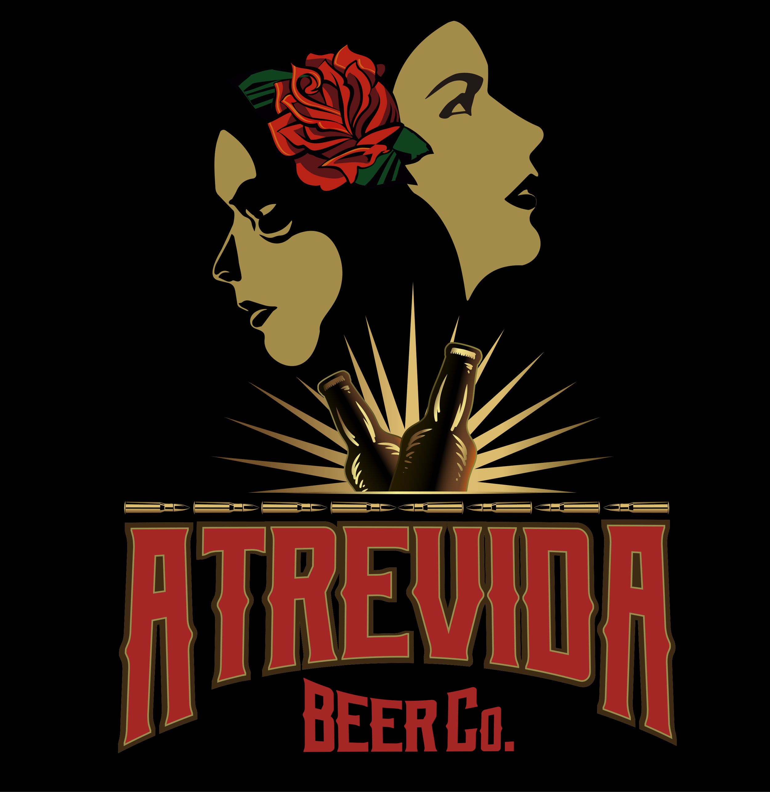 A logo featuring the profiles of two women with a floral headpiece, and bold red text reading 'ATREVIDA' and 'BEER CO'.