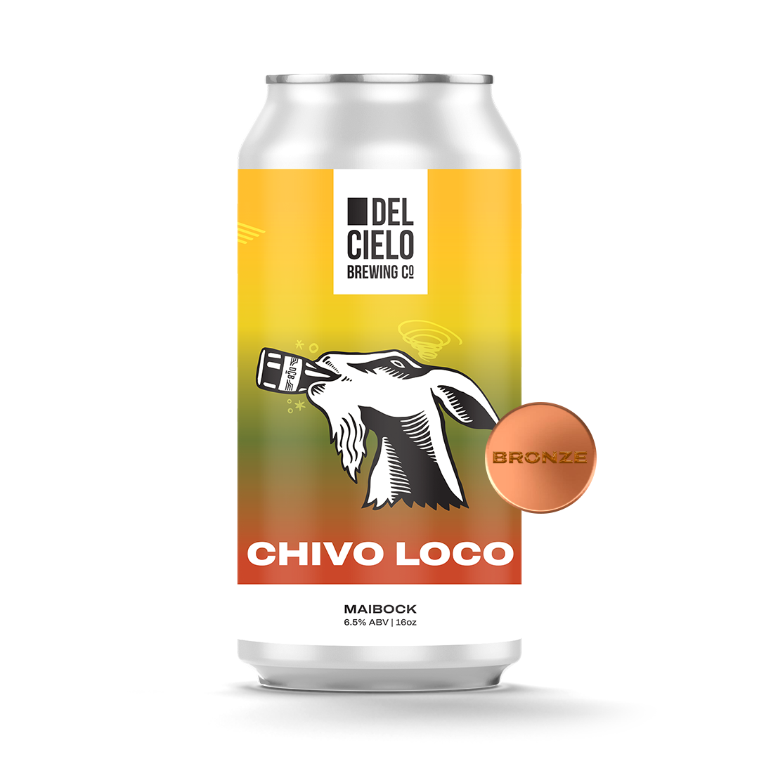 A can of Del Cielo Brewing Co.'s Chivo Loco Maibock beer with a yellow and red gradient label featuring a goat holding a beer can and a copper-colored bronze badge with the word 'Bronze'.