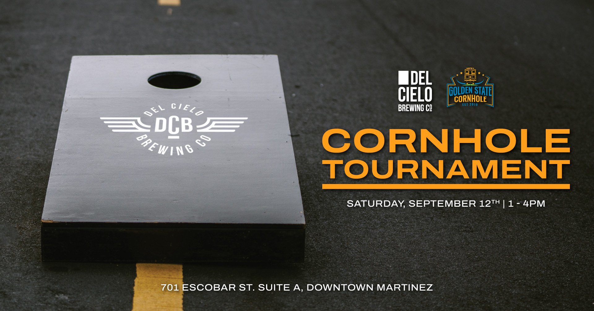 web banner for monthly cornhole tournament in martinez. image features a cornhole board with a del cielo wings logo.