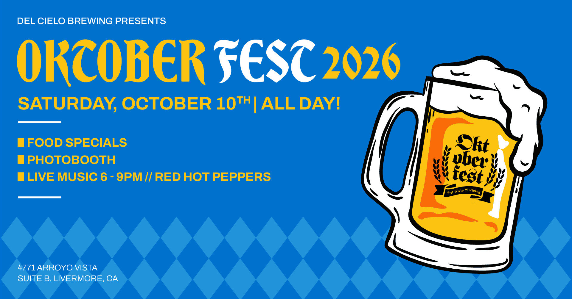 web banner for Oktoberfest 2026 in Livermore, CA. Graphic features a blue background with an argyle diamond pattern with an illustrated stein.