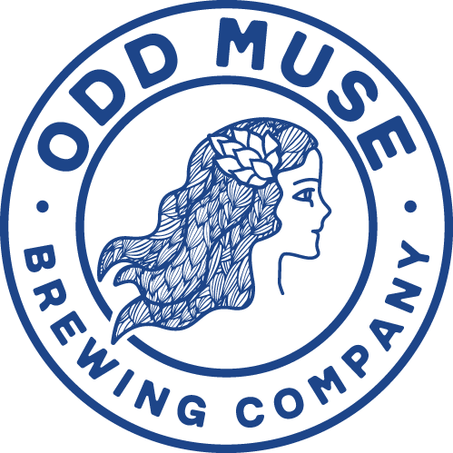 Logo of Odd Muse Brewing Company featuring a profile of a woman with flowing hair, enclosed in a circular border with the company name.