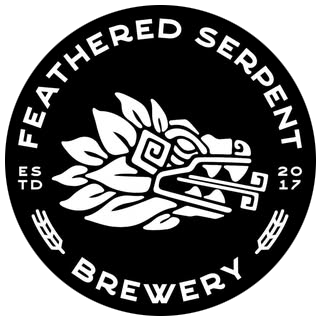 Feathered Serpent Brewery logo with stylized serpent and feathers in black and white.