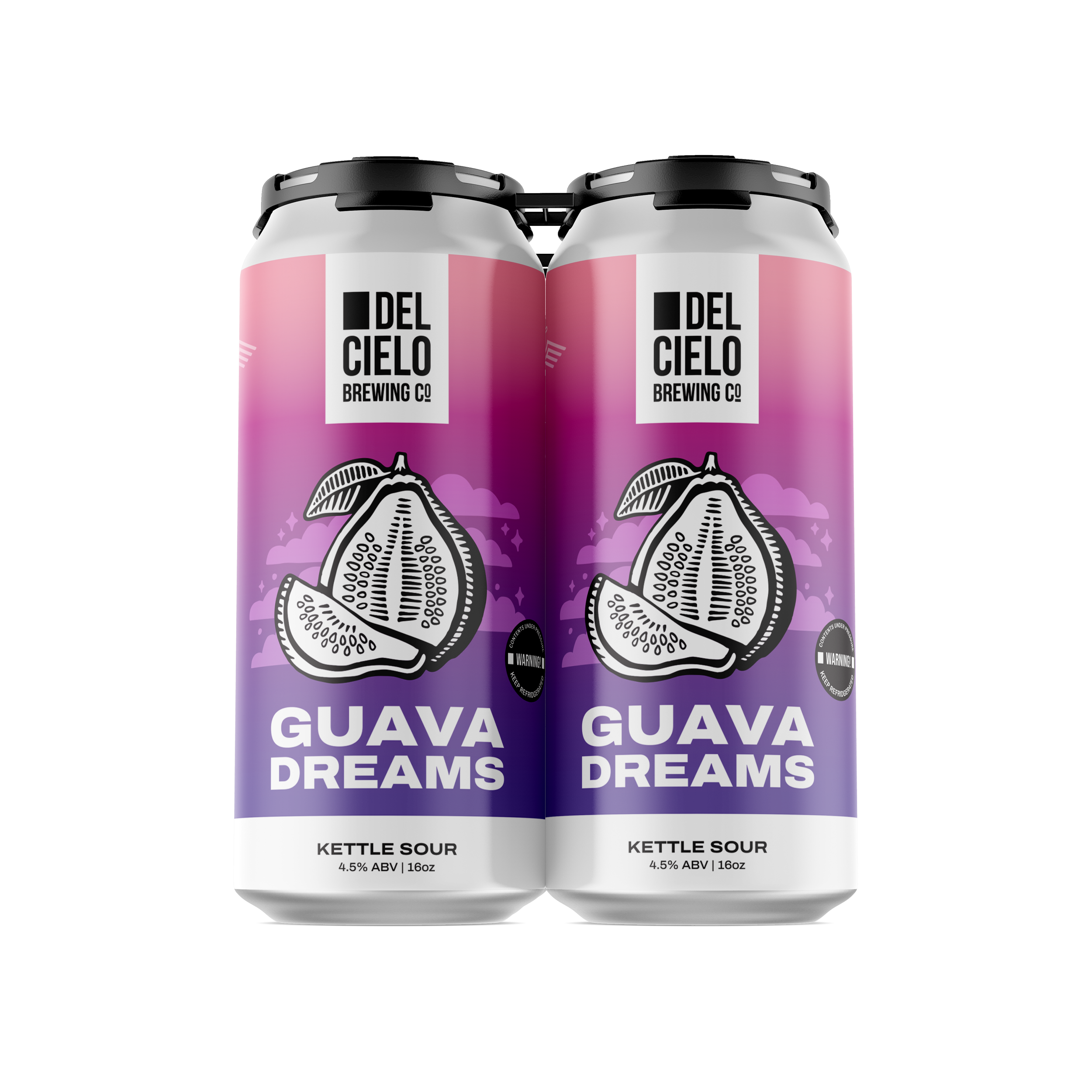 Two cans of Del Cielo Guava Dreams Kettle Sour beer with a purple and black design, depicting a stylized open guava fruit and clouds.