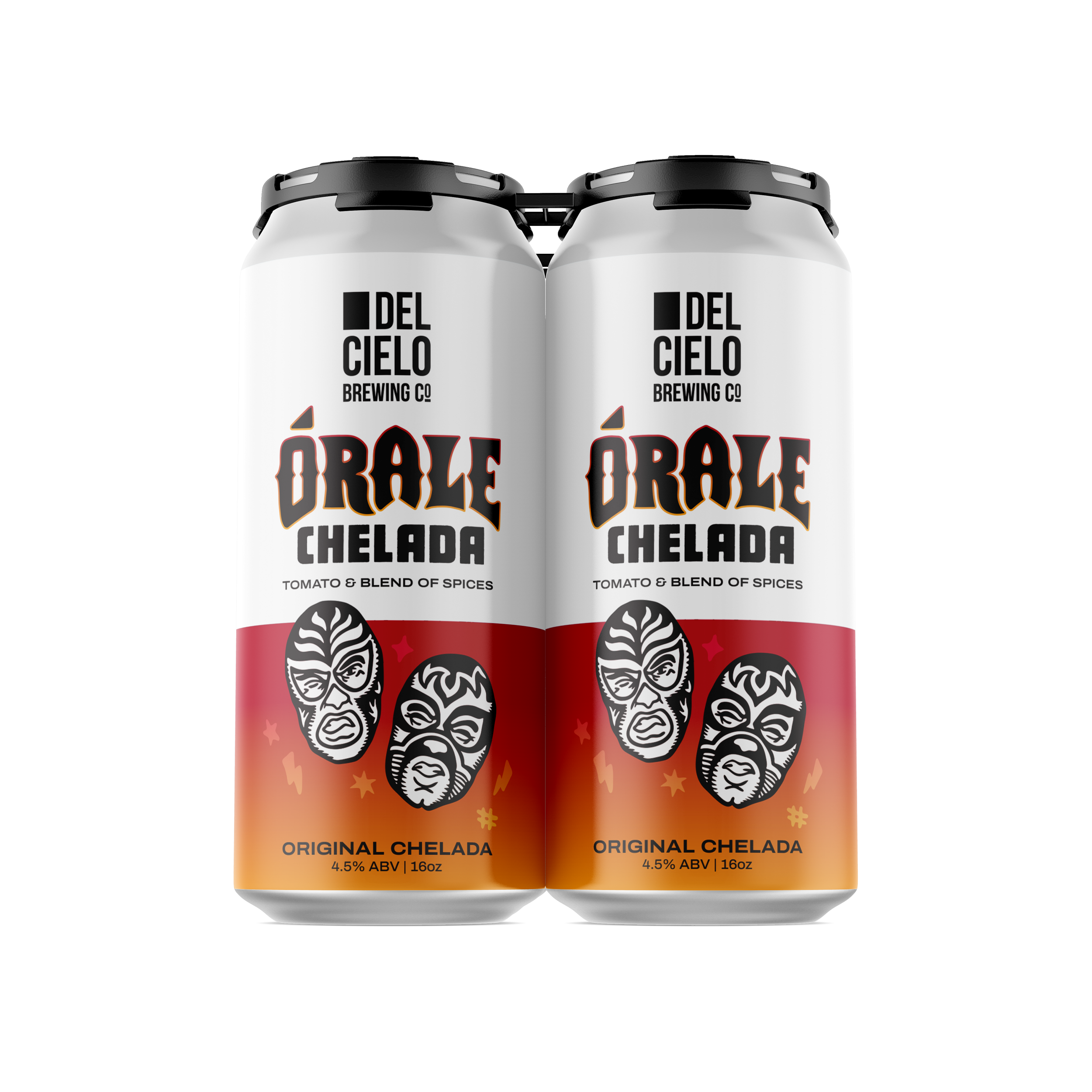 Two cans of Original Chelada beer from Del Cielo Brewing Co., 16 ounces each, 4.5% alcohol by volume, featuring distinctive branding with a black, red, and white design and an illustration of a face wearing a mask.