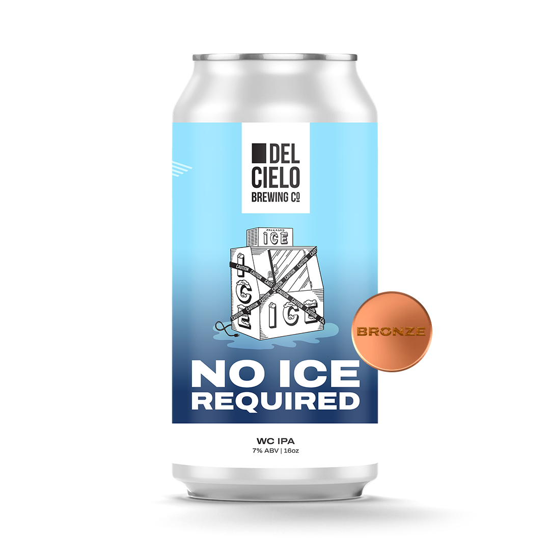 A can of Del Cielo Brewing Co's No Ice Required WC IPA with 7% ABV, featuring a light blue and white label with a cartoon ice cube wrapped in caution tape and a small bronze-colored badge labeled "Bronze."