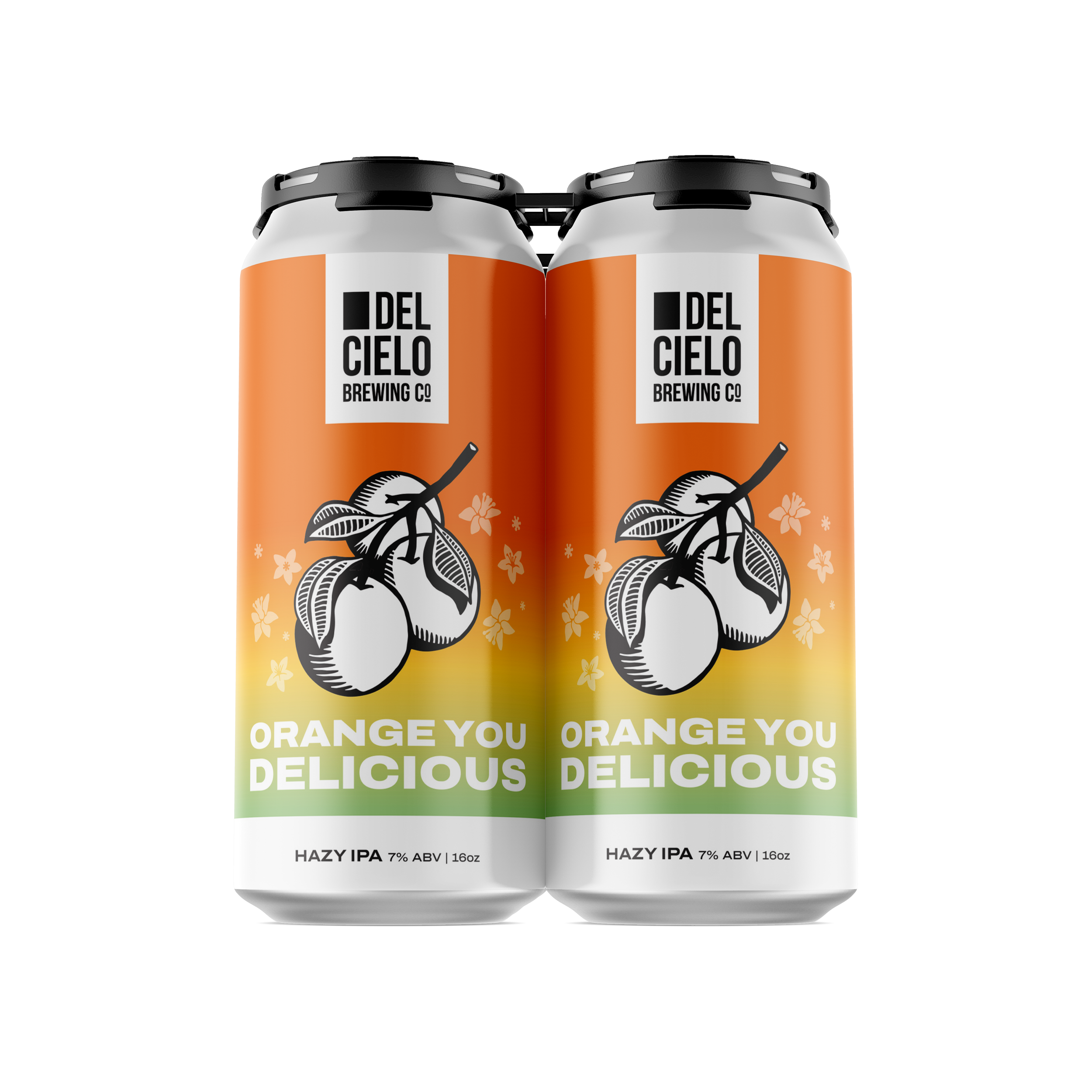 Two cans of beer with orange and black label featuring a black and white whale illustration and floral details, labeled 'Orange You Delicious' and 'Hazy IPA 7% ABV 16oz'.
