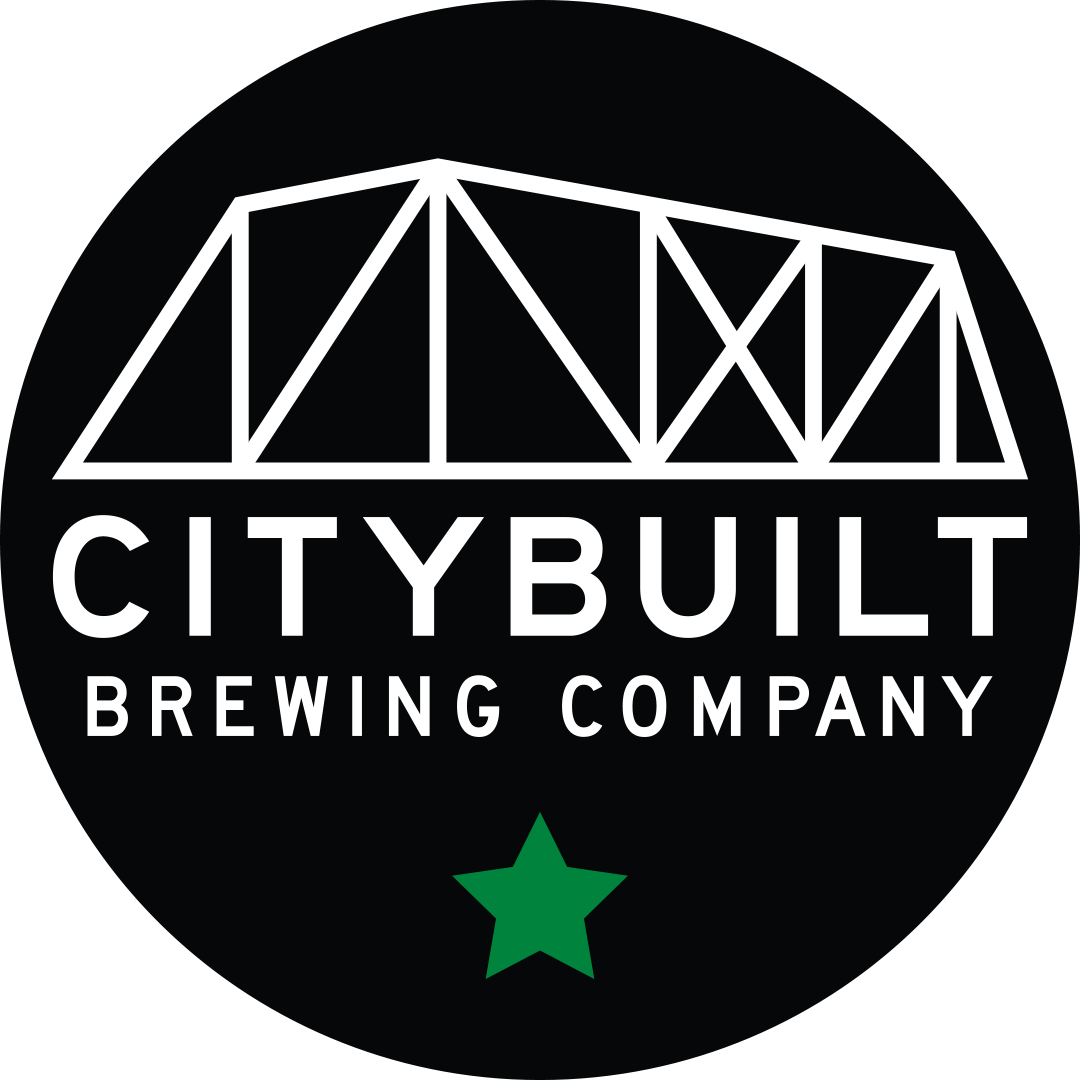 Logo for City Built Brewing Company featuring a stylized bridge illustration, the name of the brewery, and a green star beneath.