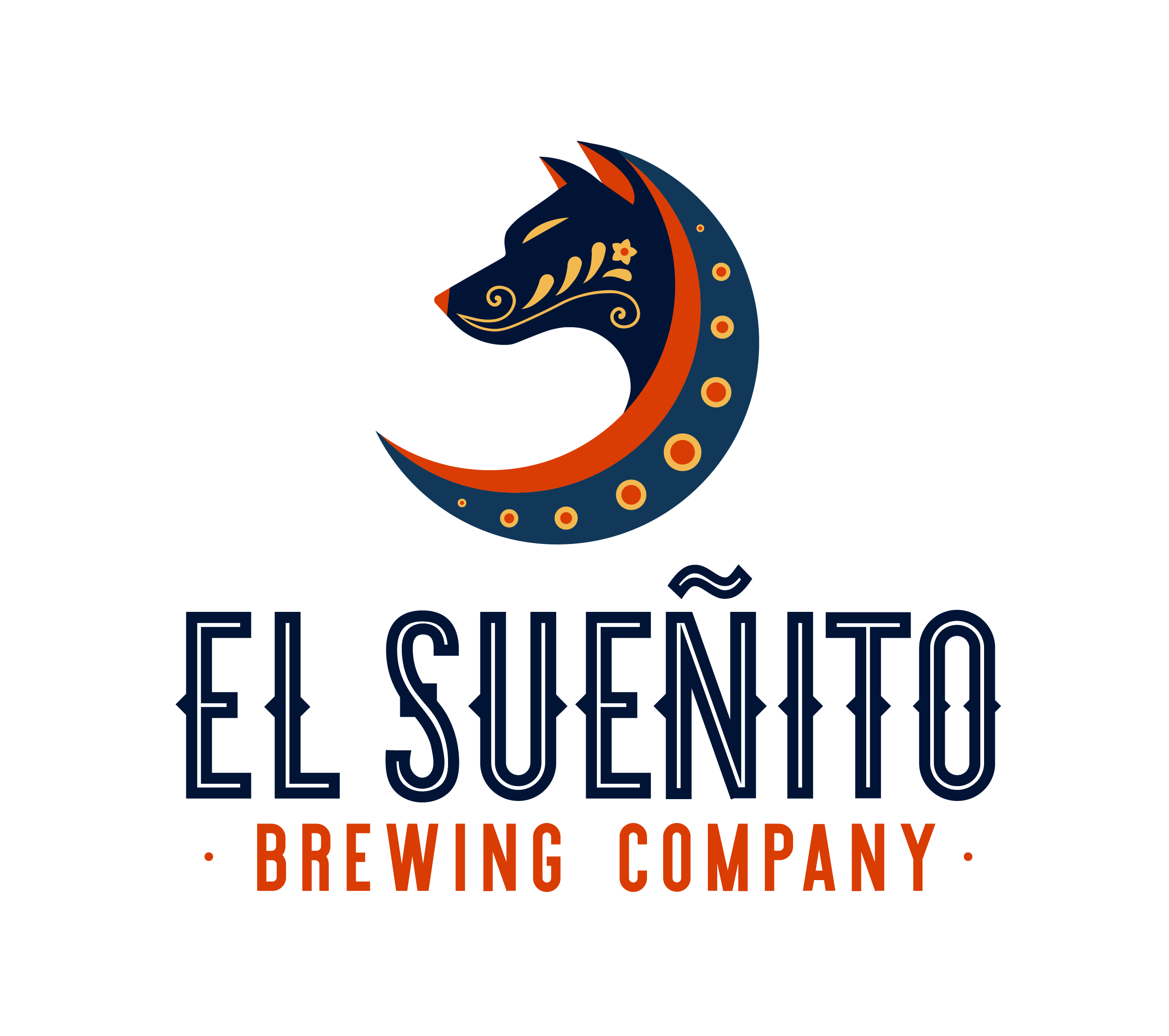 Logo of El Sueñito Brewing Company featuring a stylized wolf head in navy blue with orange accents and decorative elements, accompanied by the text "El Sueñito Brewing Company"