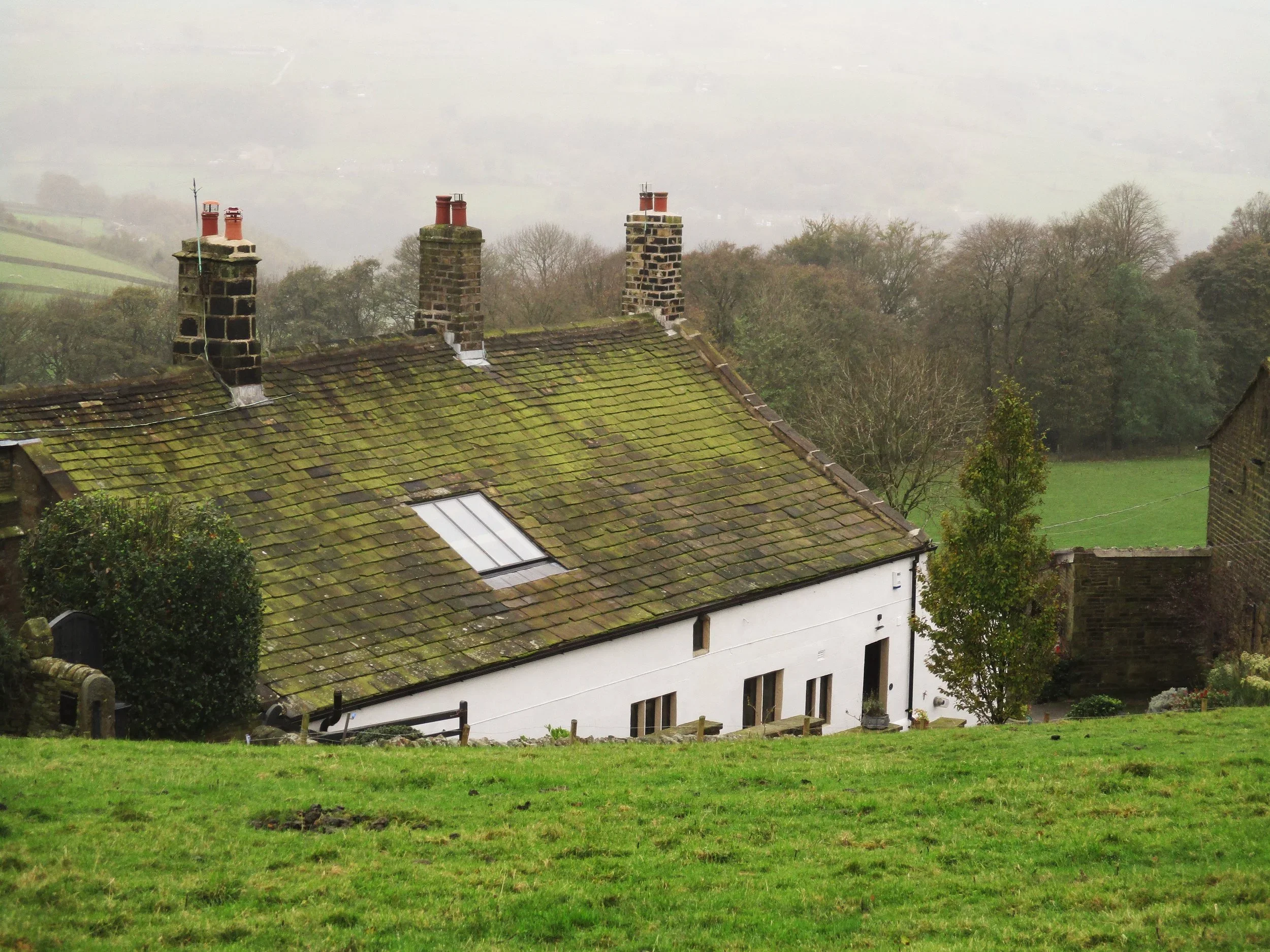 A countryside scene with a house having a moss-covered tiled roof, three brick chimneys, and a skylight. The house is surrounded by green grass and trees, with a foggy, hilly landscape in the background.