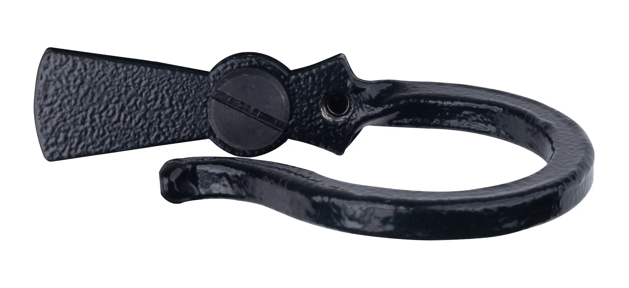 A black, textured, circular metal latch with a screw in the center and a curved arm extending from it.