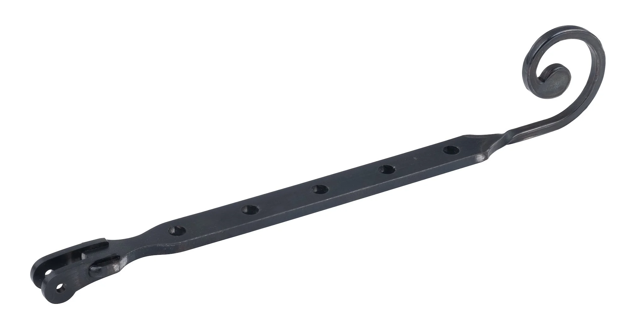 A black metal steering damper with multiple mounting holes and a coil spring at one end.