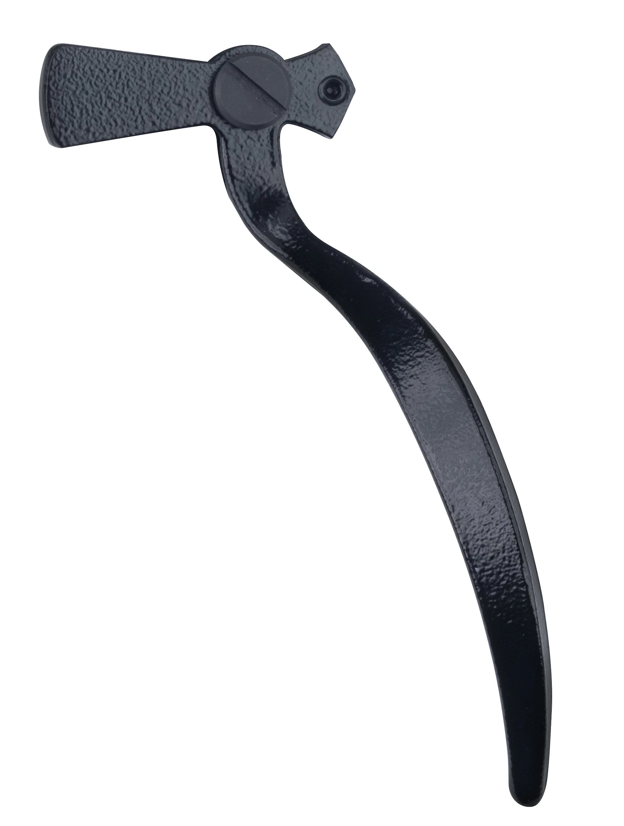 A black object with a textured surface and a curved elongated handle, featuring a round adjustable dial and a small screw, set against a white background.