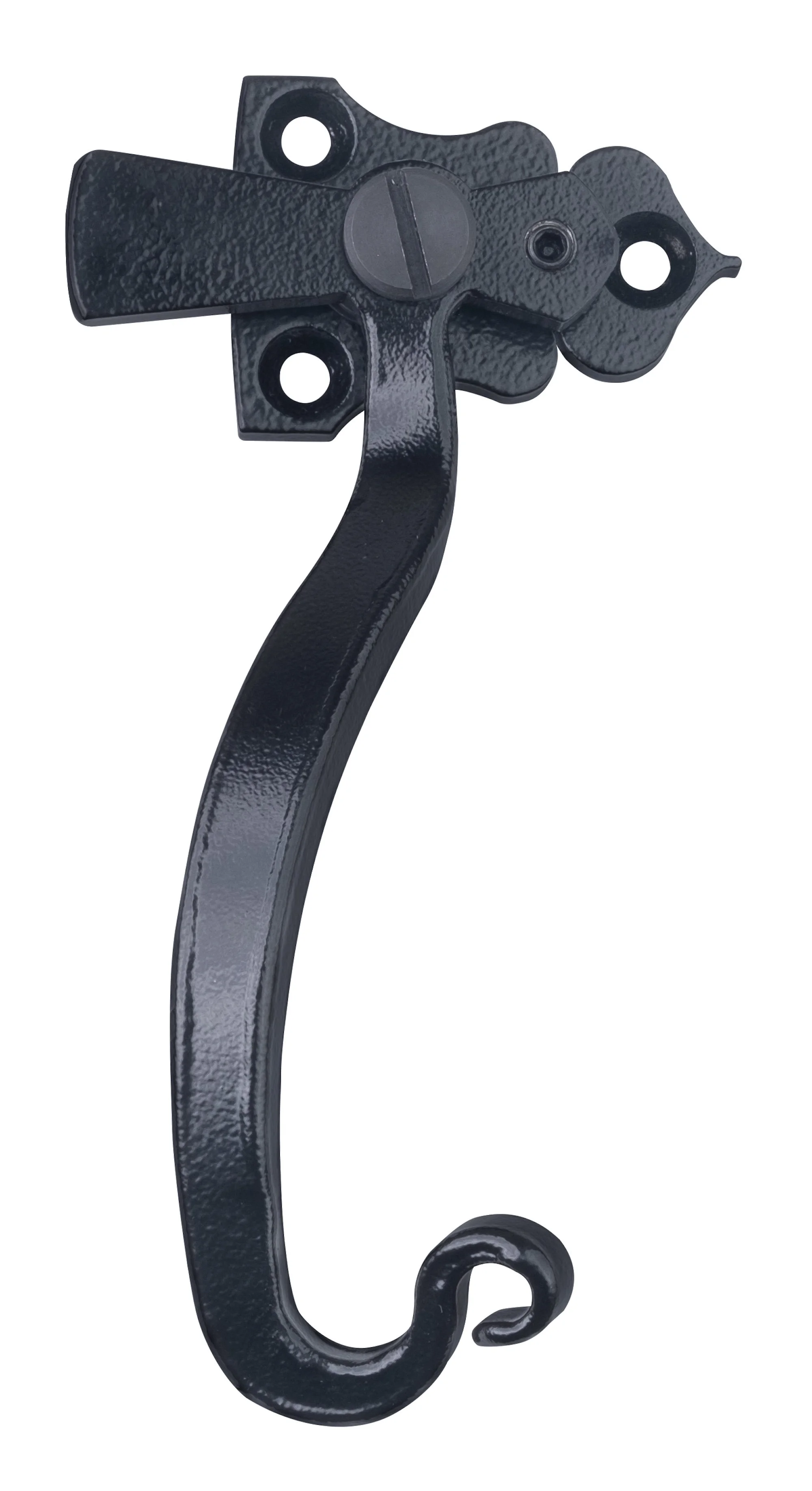 Black metal hook with a rotating screw mechanism for mounting.
