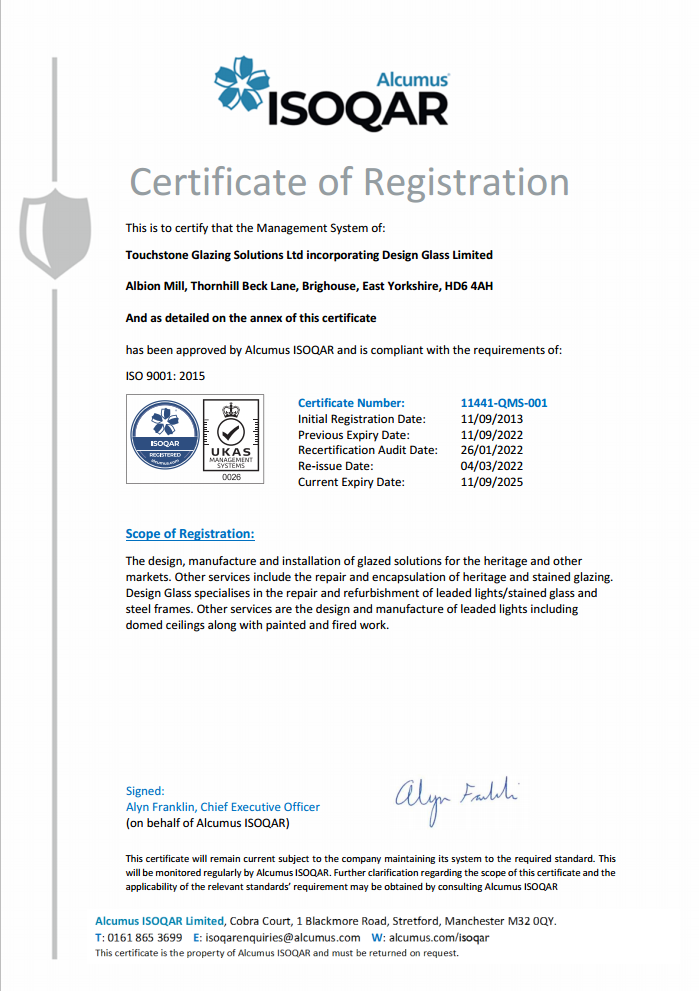 Certificate of registration from Alcumus ISOQAR for Touchstone Glazing Solutions Ltd, with certification details, scope of registration, and signature of the Chief Executive Officer