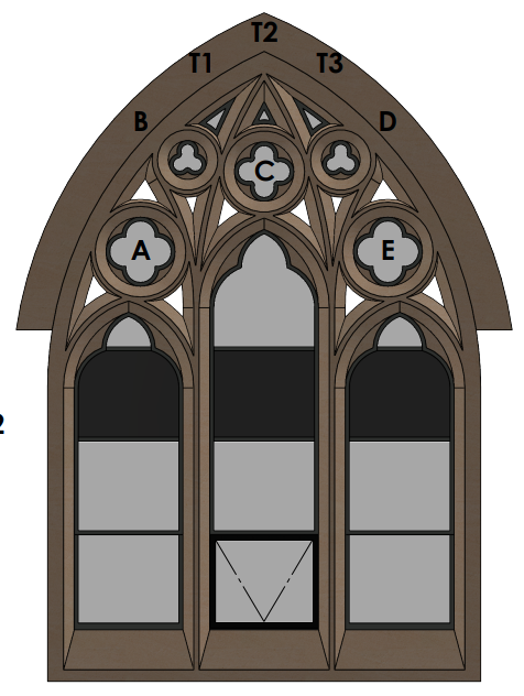 Detailed illustration of a stained glass window with labeled sections including the top T1 to T3, the middle B, D, and A, E, and the bottom sections with additional labels and glass segments.