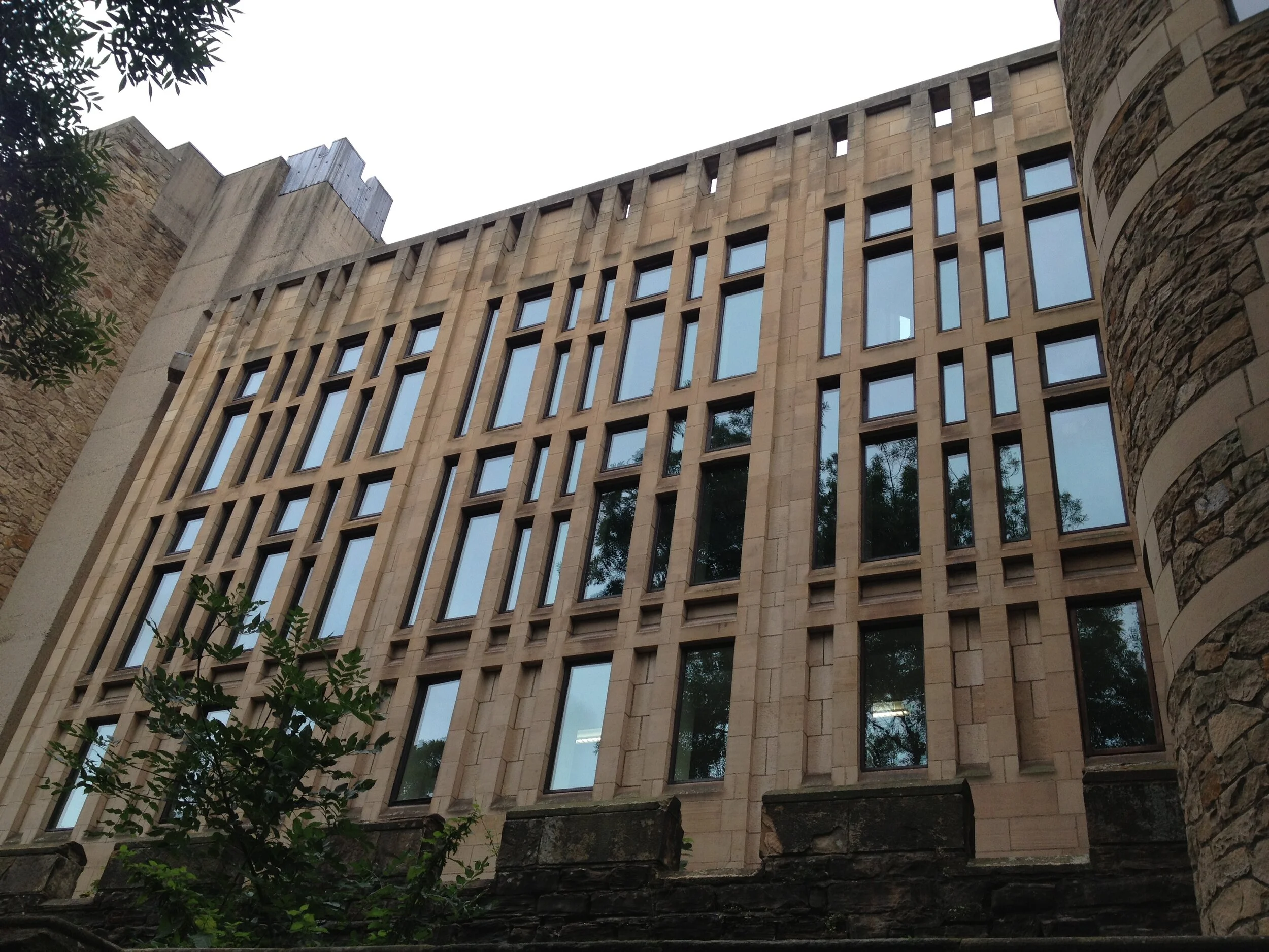 Front view of a modern building with large rectangular windows, some reflecting trees, and a rounded stone corner on the right side.