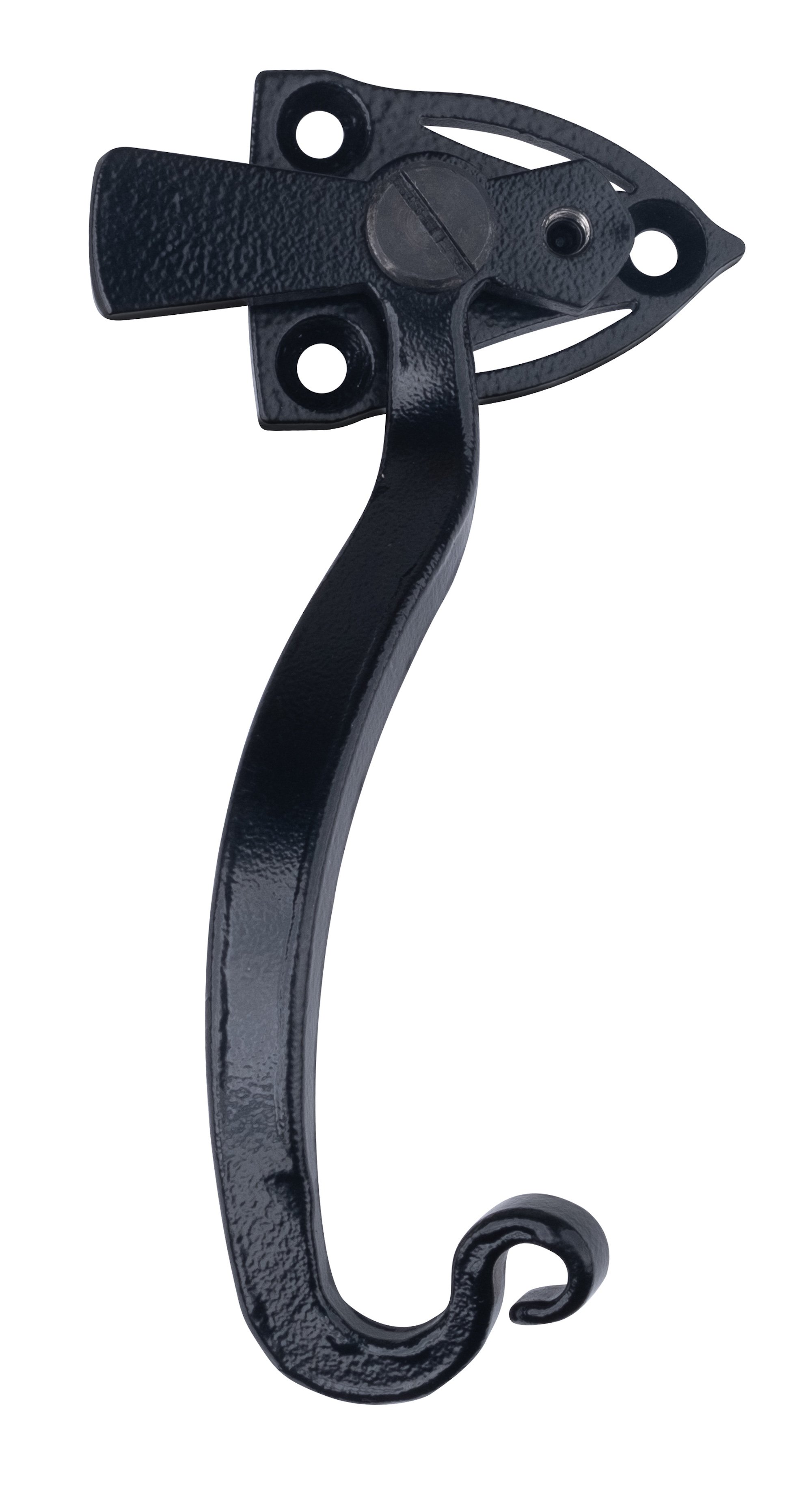 Decorative black metal hook with a fish-shaped outline and a curled end.