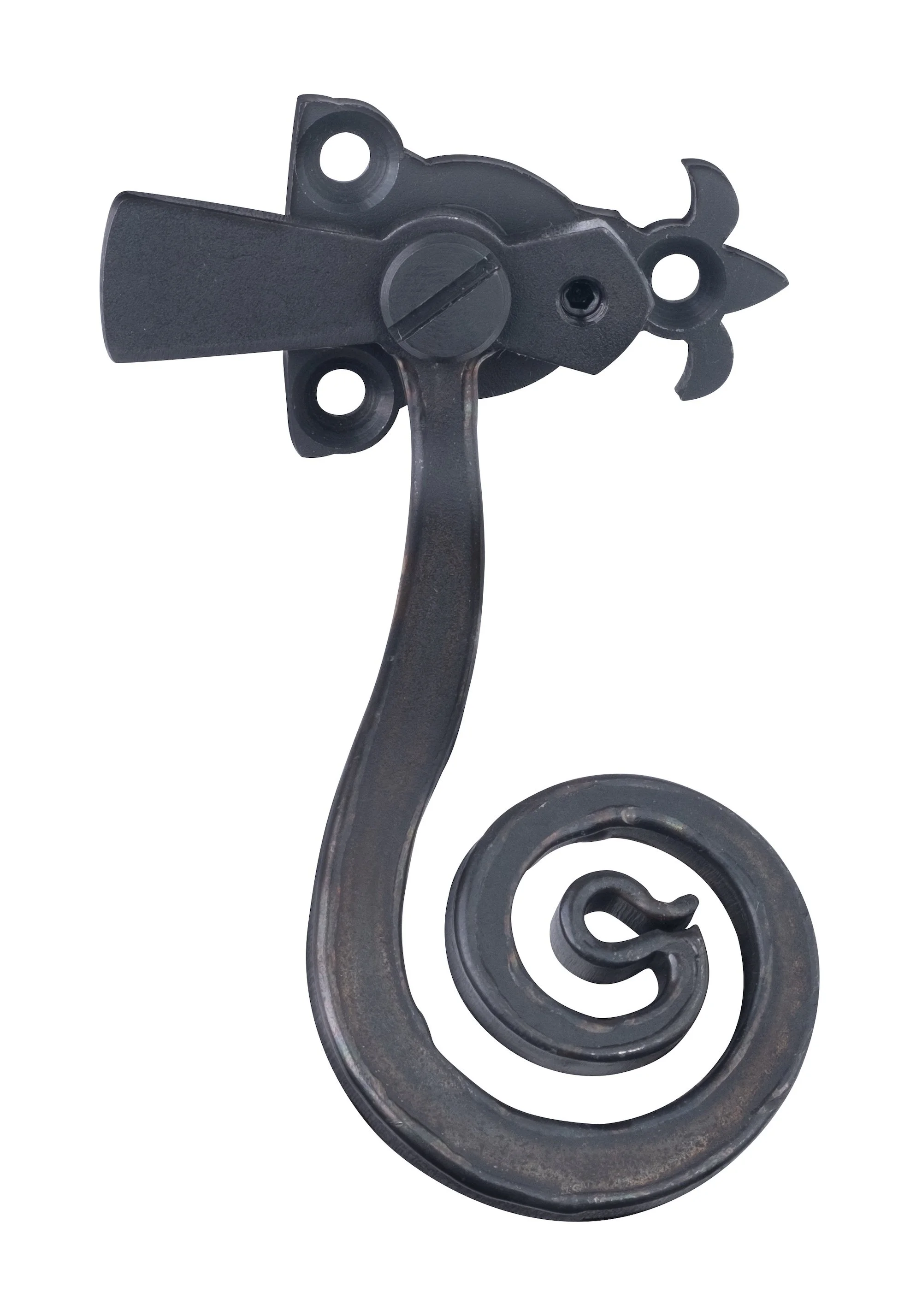 Decorative black wrought iron spiral staircase part with scrollwork design.