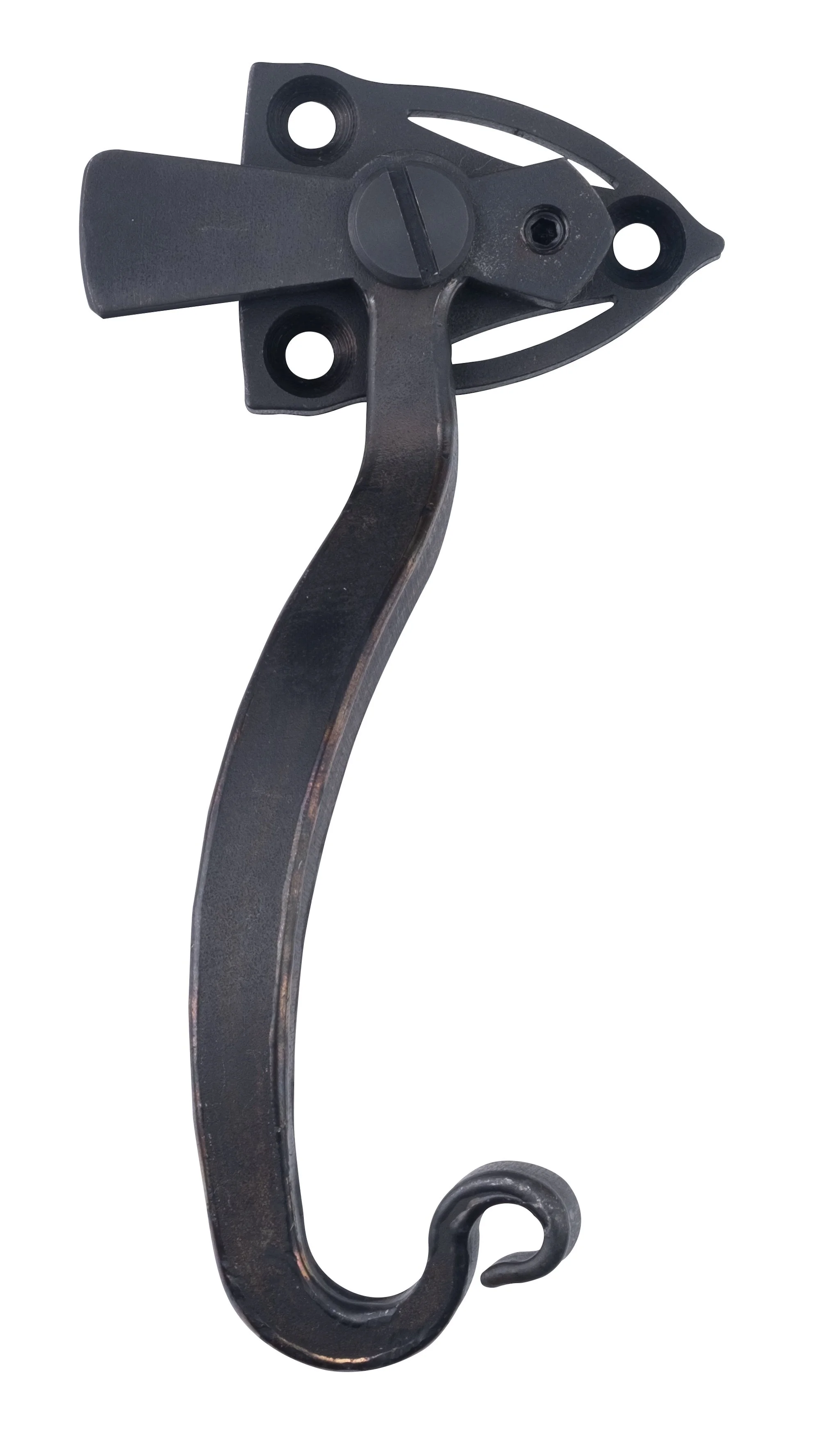 A black metal wall hook with a curved shape and a hook at the bottom, mounted on a white background.