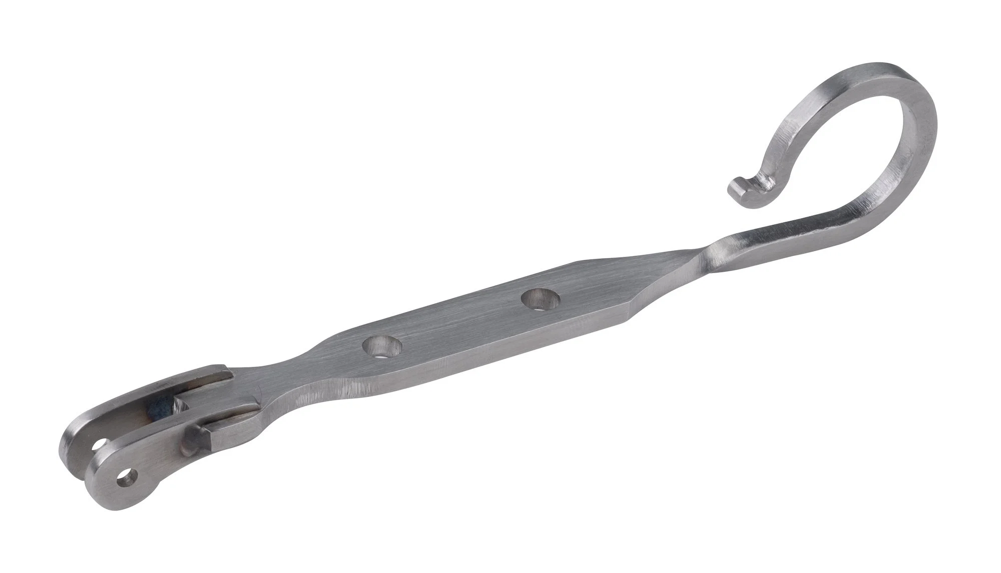 Metal chain link with a curved hook at one end and multiple holes along its length.
