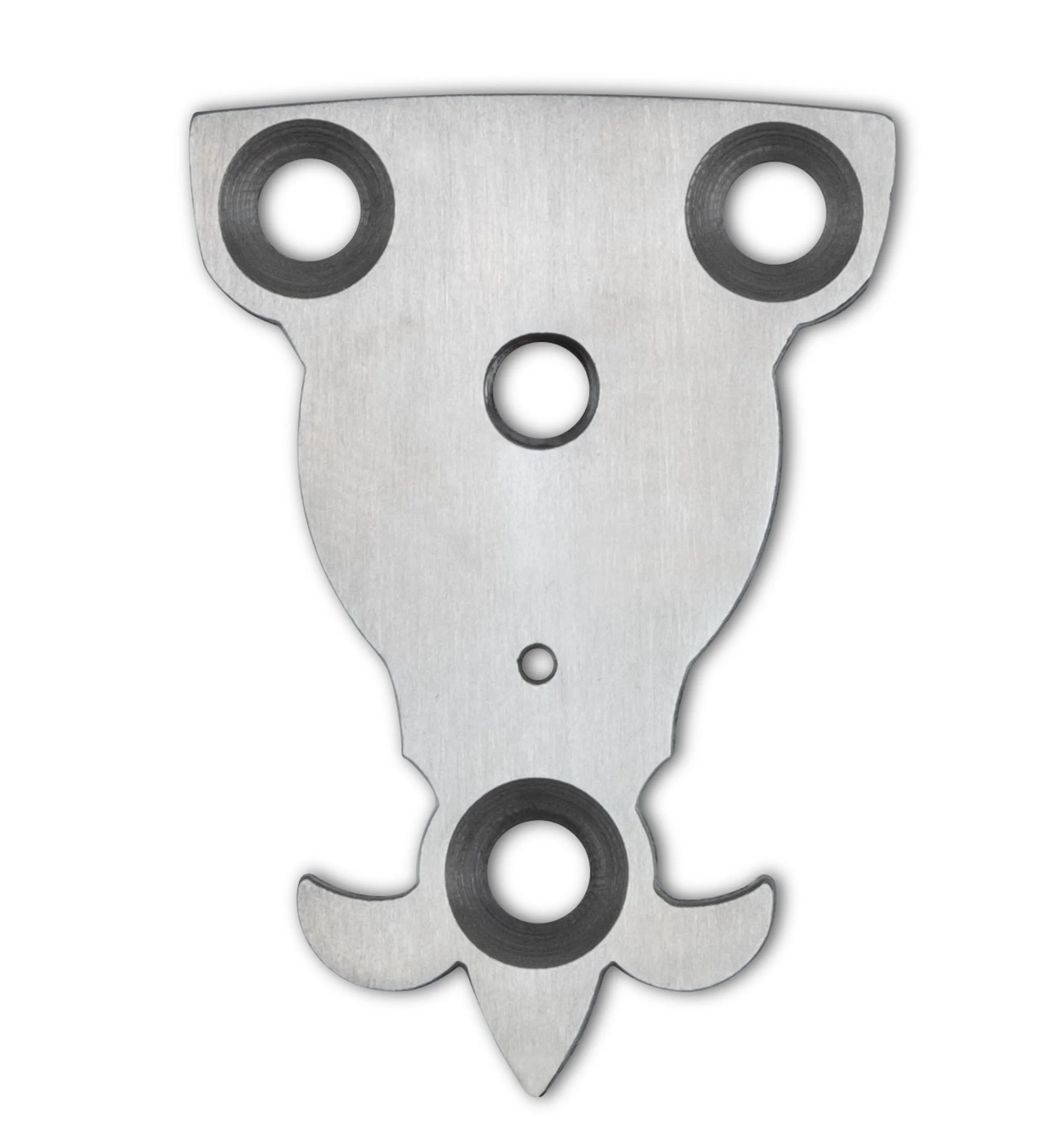 A metal pizza cutter with a circular blade and a handle with two finger holes.