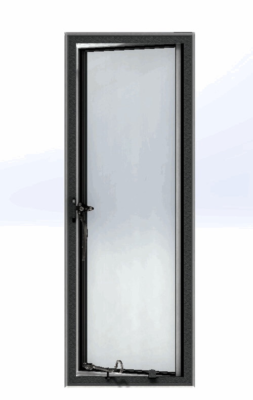 A tall, narrow, blank metallic door with a black frame and a black lock, set against a light background.