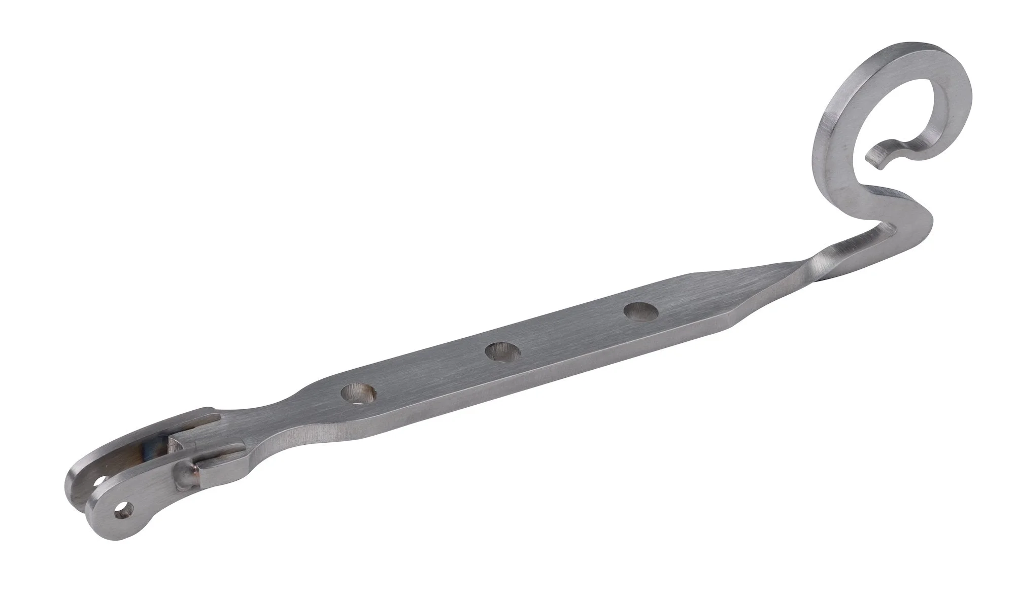 A metal hospital door opener lever with holes and a curved hook at one end.