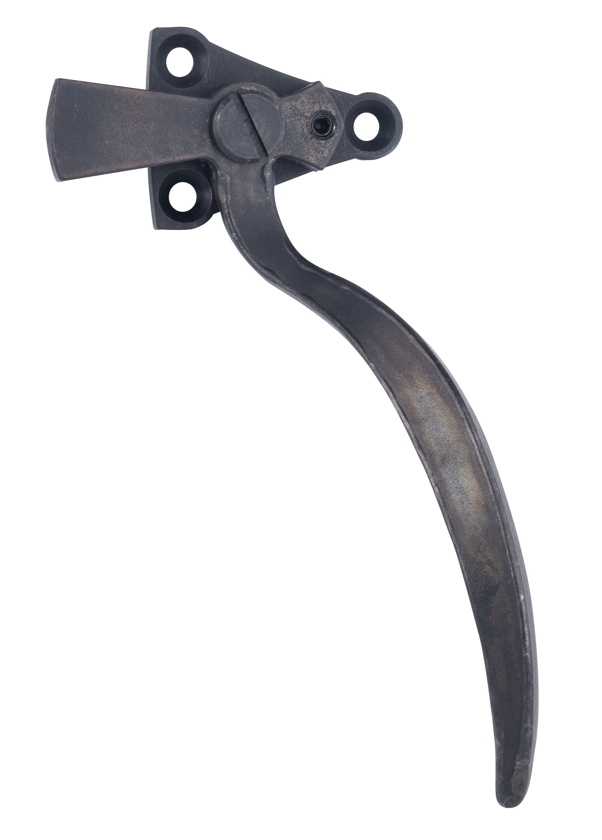A black metal bicycle caliper brake with mounting holes and a curved arm.