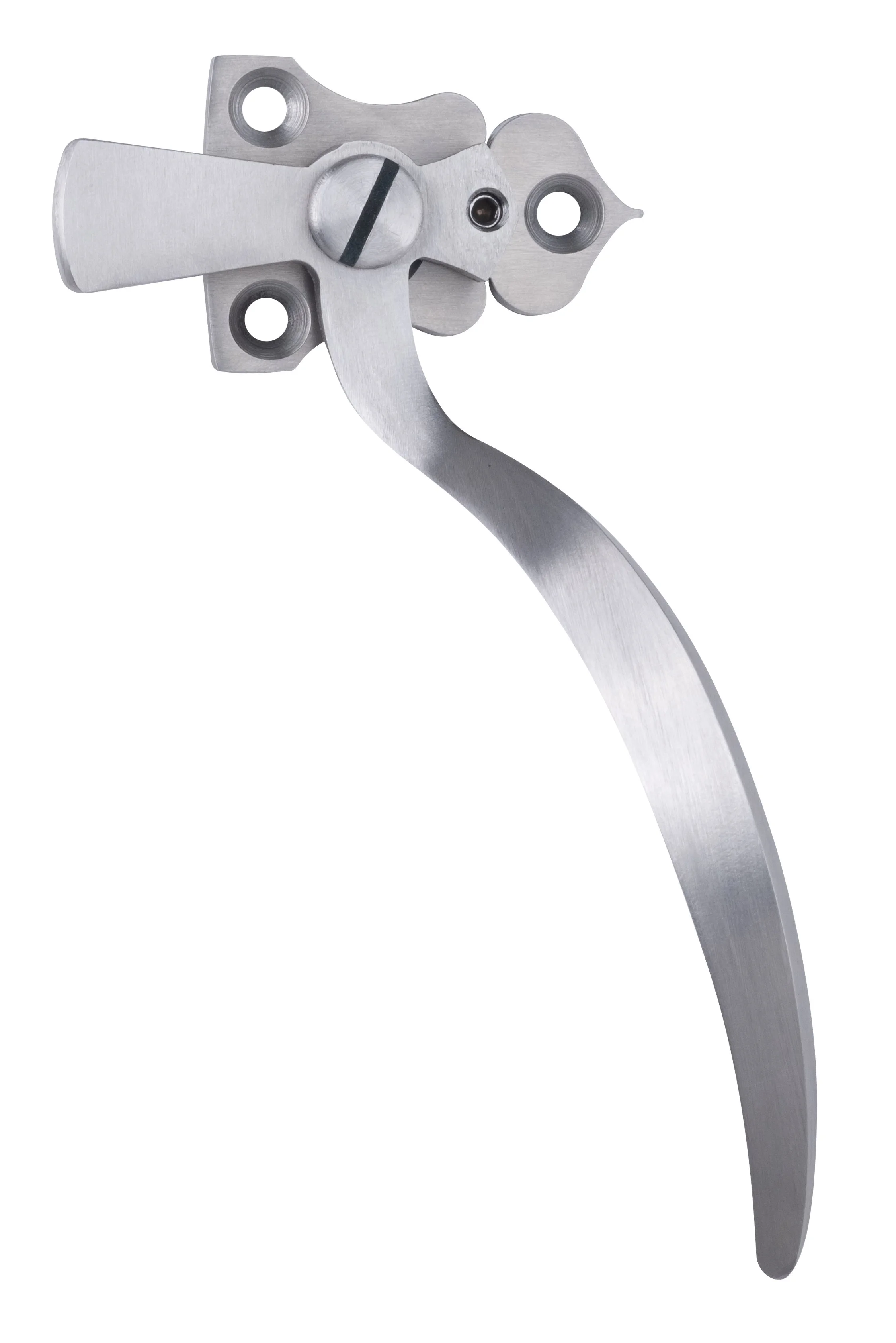 Close-up of a metallic bicycle derailleur part isolated on white background.