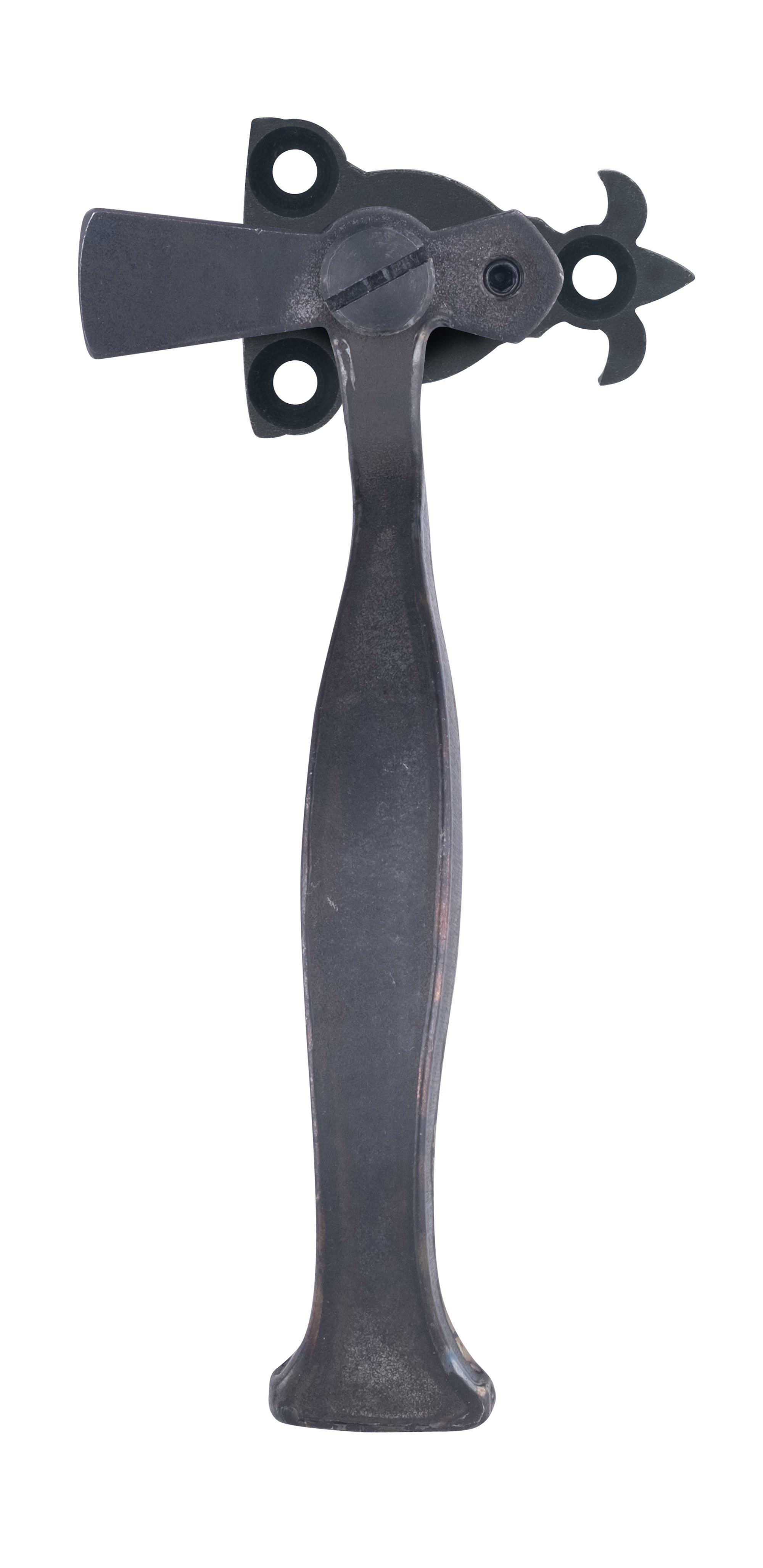 A decorative knife with a handle shaped like a fish, made of dark metal.