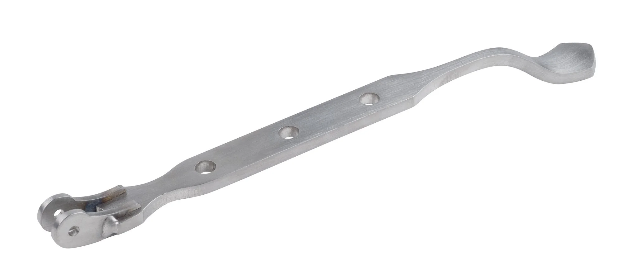 A metal turnbuckle with a curved arm, featuring three drilled holes along its length.