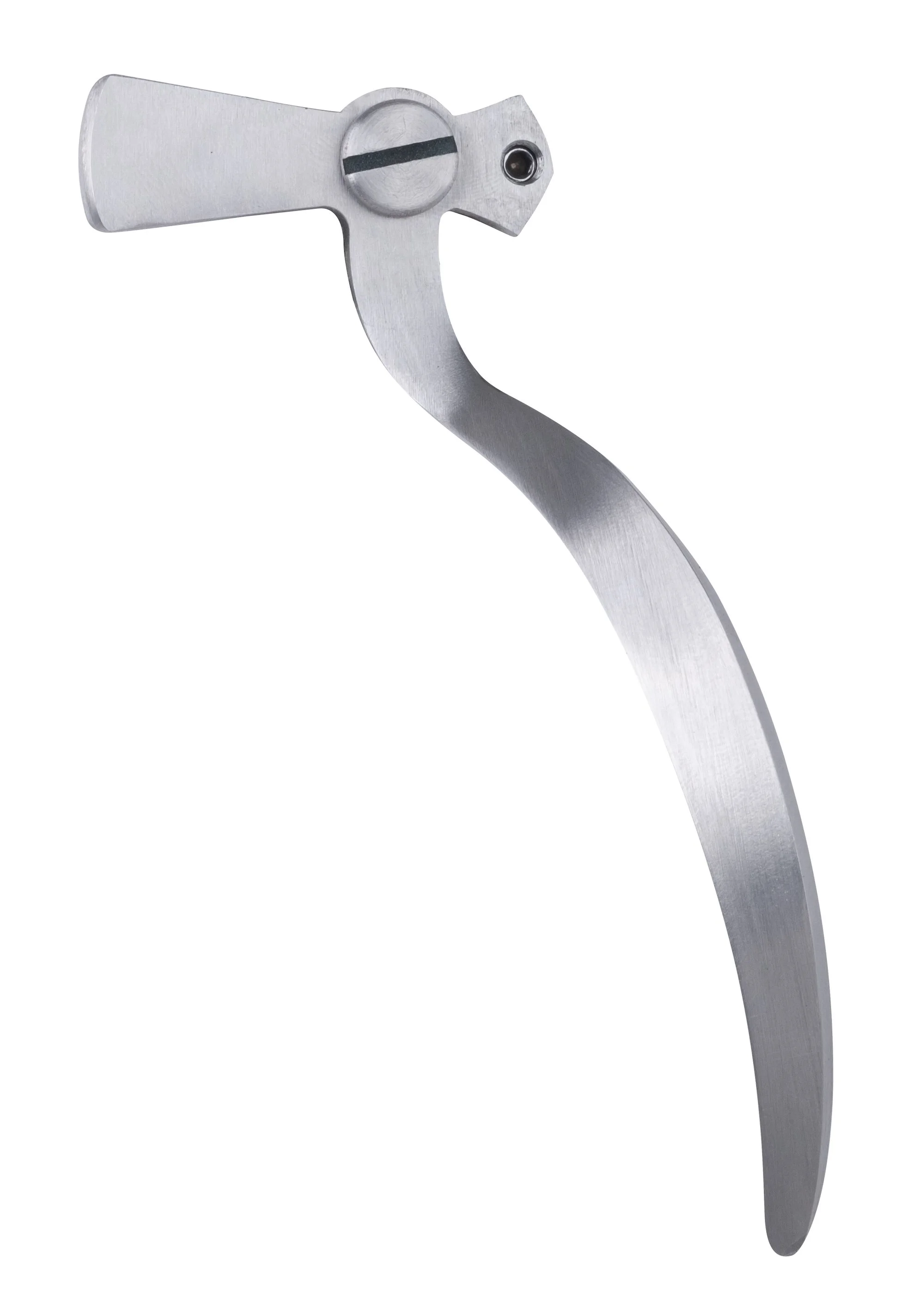 Close-up view of a metallic security tag with a curved extension and a screw at the top.
