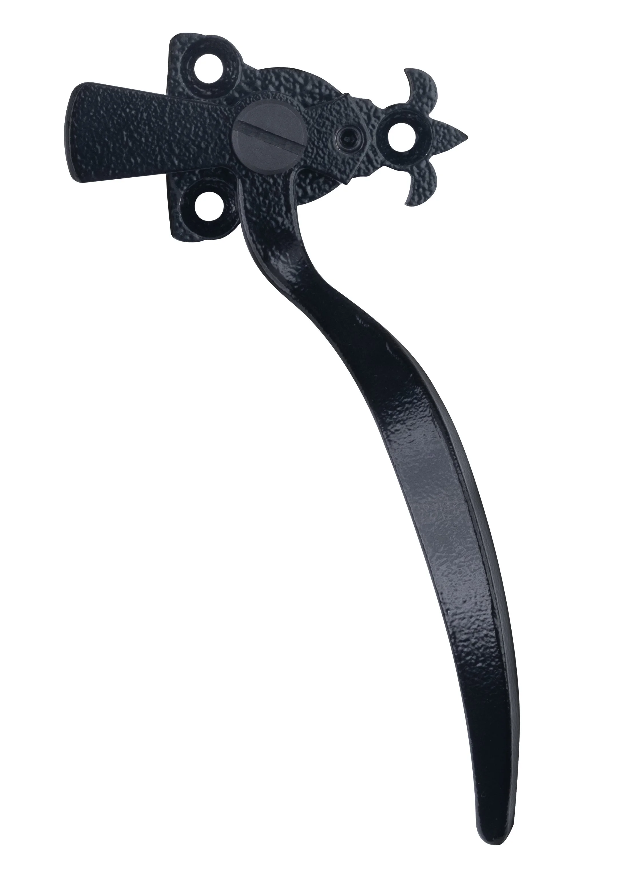 Black metal ornate hanging hook with a fish design, featuring hooks for hanging objects, on a white background.